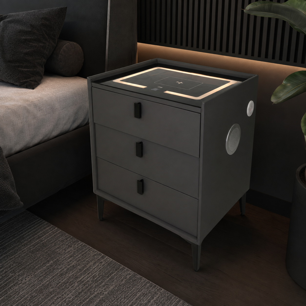 Mesita de Noche con Bluetooth+Luz+Cargador 3 Gavetas