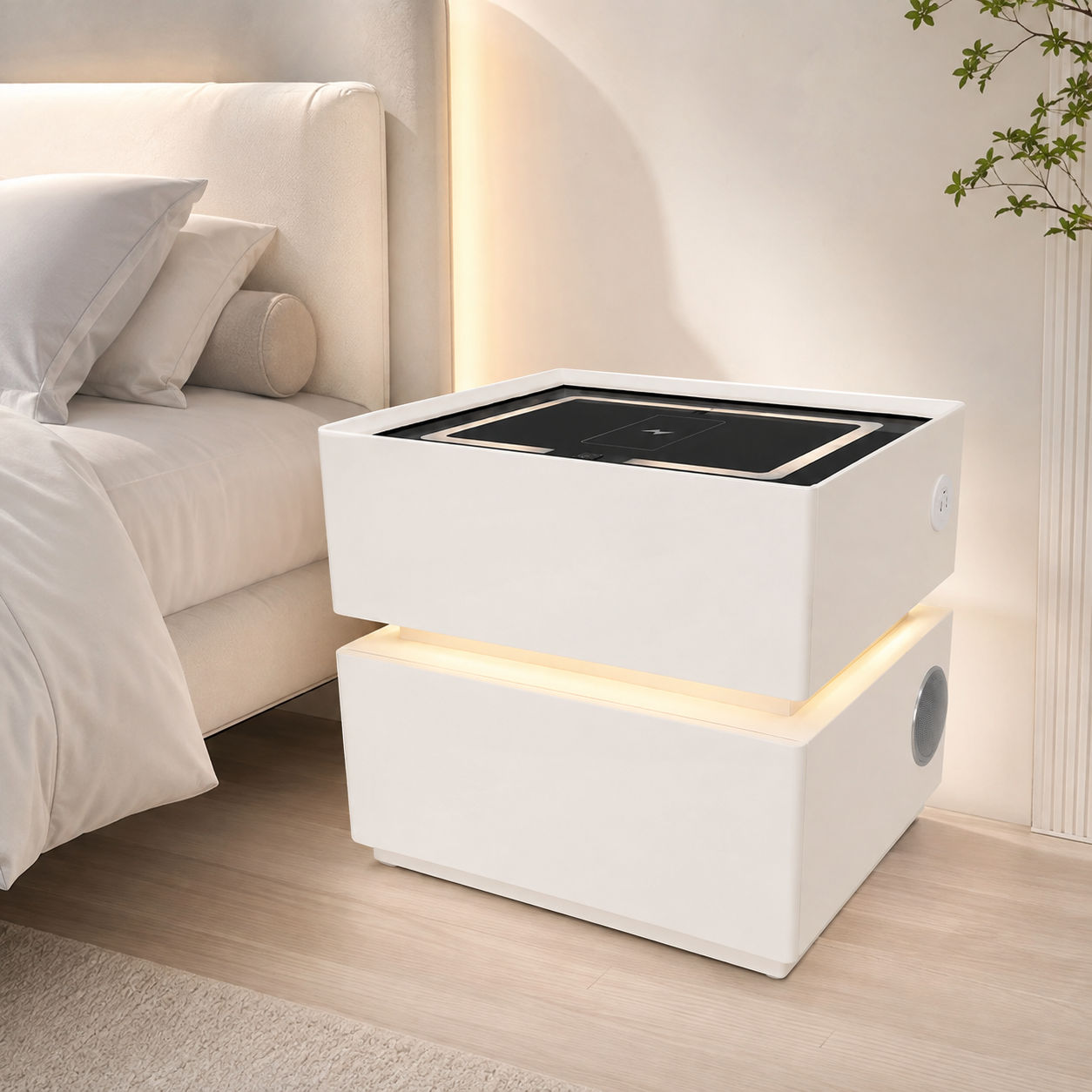 Mesita Flotante de Noche con Bluetooth+Luz+Cargador 2 Gavetas