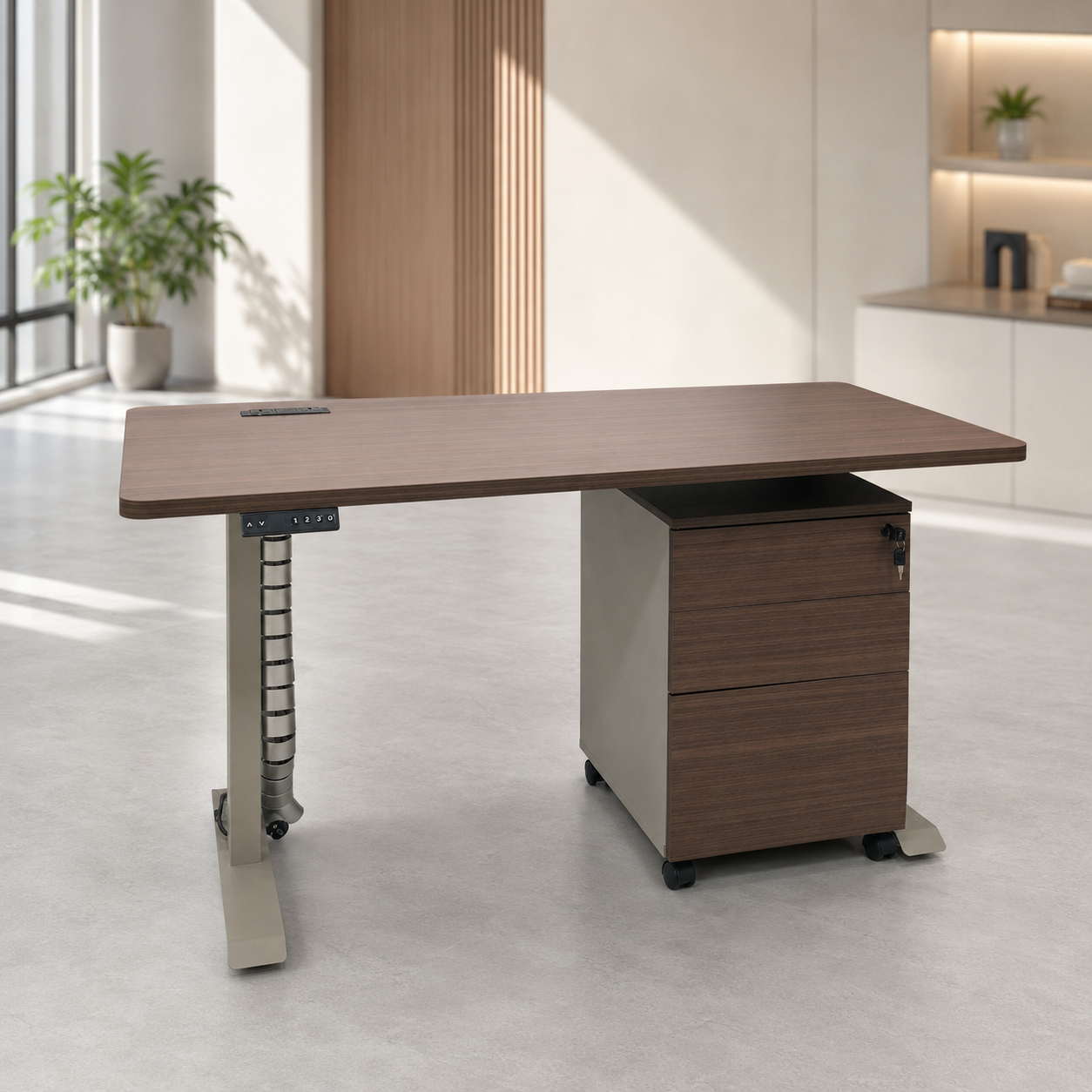 ESCRITORIO AJUSTABLE ALTURA 140*70*75CM CON GABINETE Y TOMA CORRIENTE