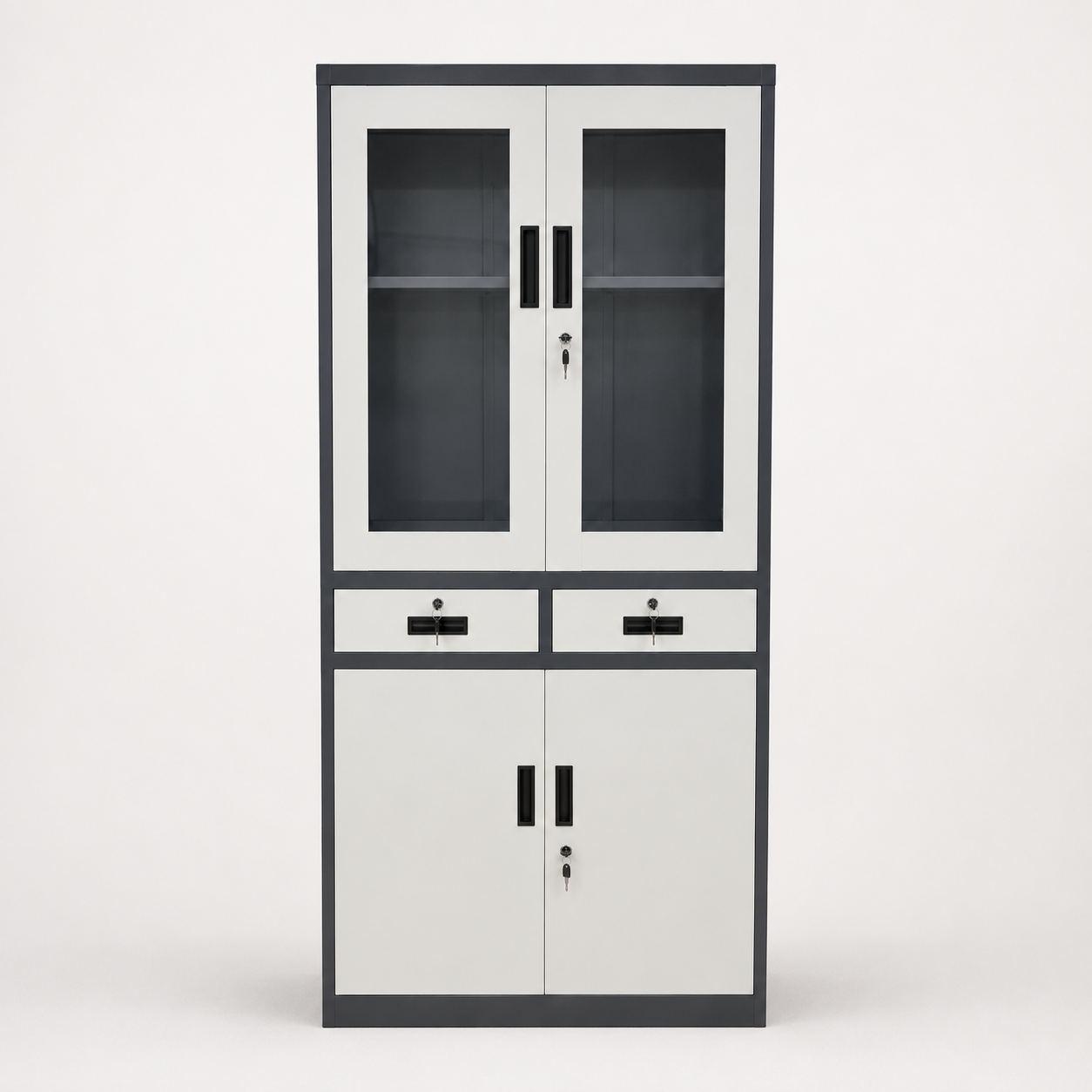 GABINETE METALICO CON 2 GAVETAS Y 2 PUERTAS DE VIDRIO Y 2 METAL GRIS OSCURO/BLANCO