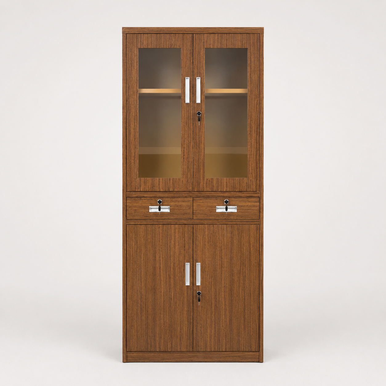 Gabinete Metalico con 2 Gavetas y 2 Puertas de Vidrio y 2 Metal Color Madera Claro