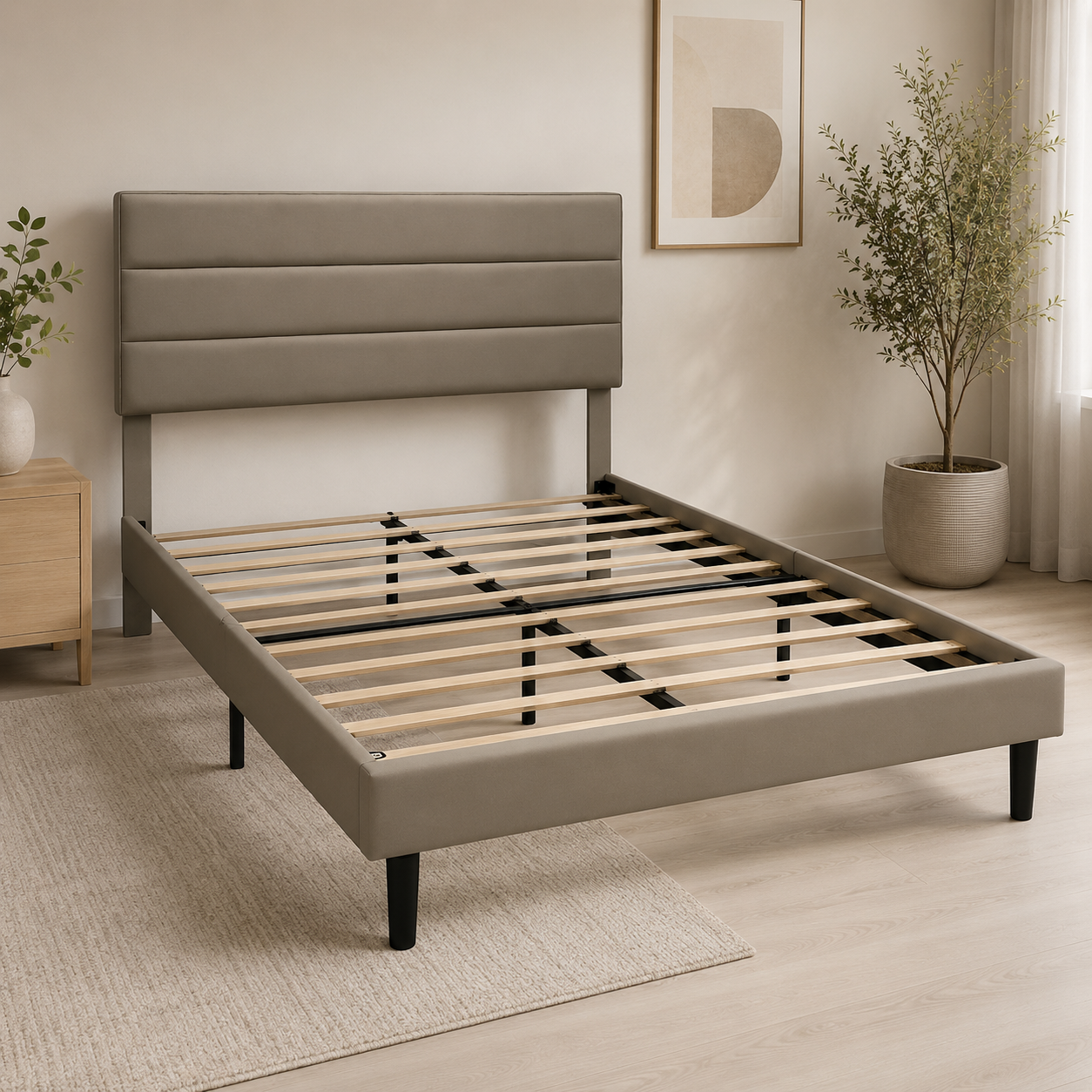 Cama con Cabecera Tapizada y Base Metálica