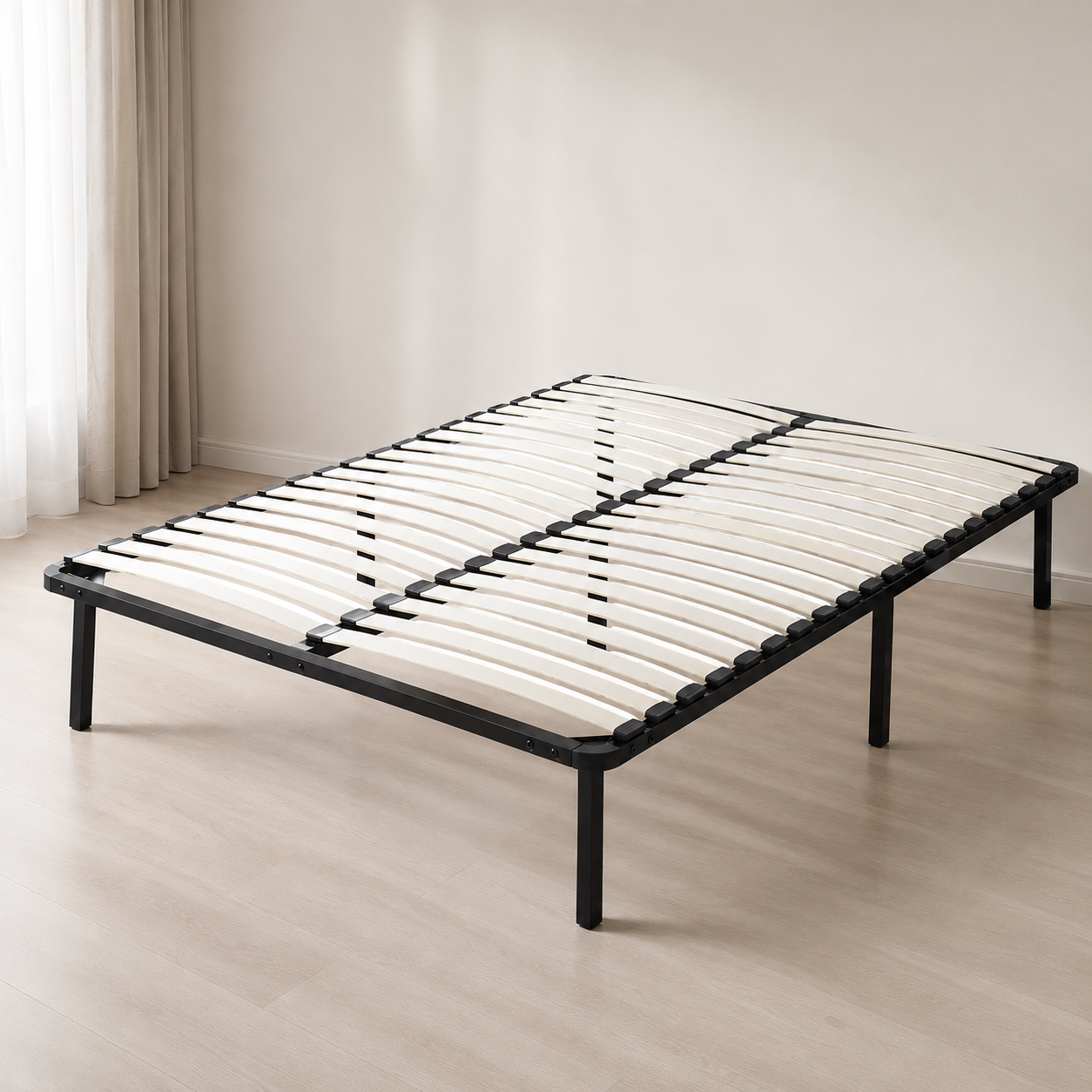 BASE DE METAL NEGRA C/LAMINAS DE MADERA PARA COLCHON QUEEN