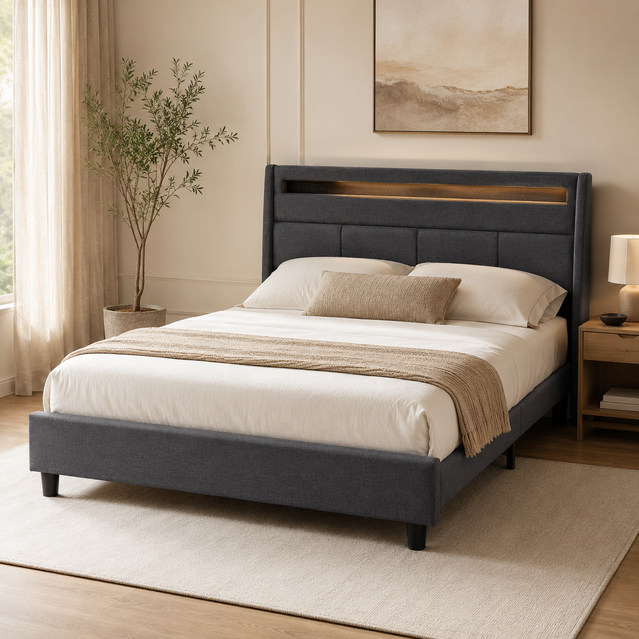CAMA GRIS CON USB/LED/TOMA CORRIENTE