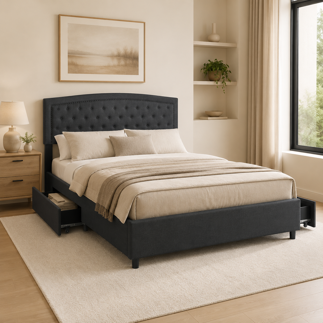 CAMA QUEEN GRIS OSCURO CON 4 GAVETAS