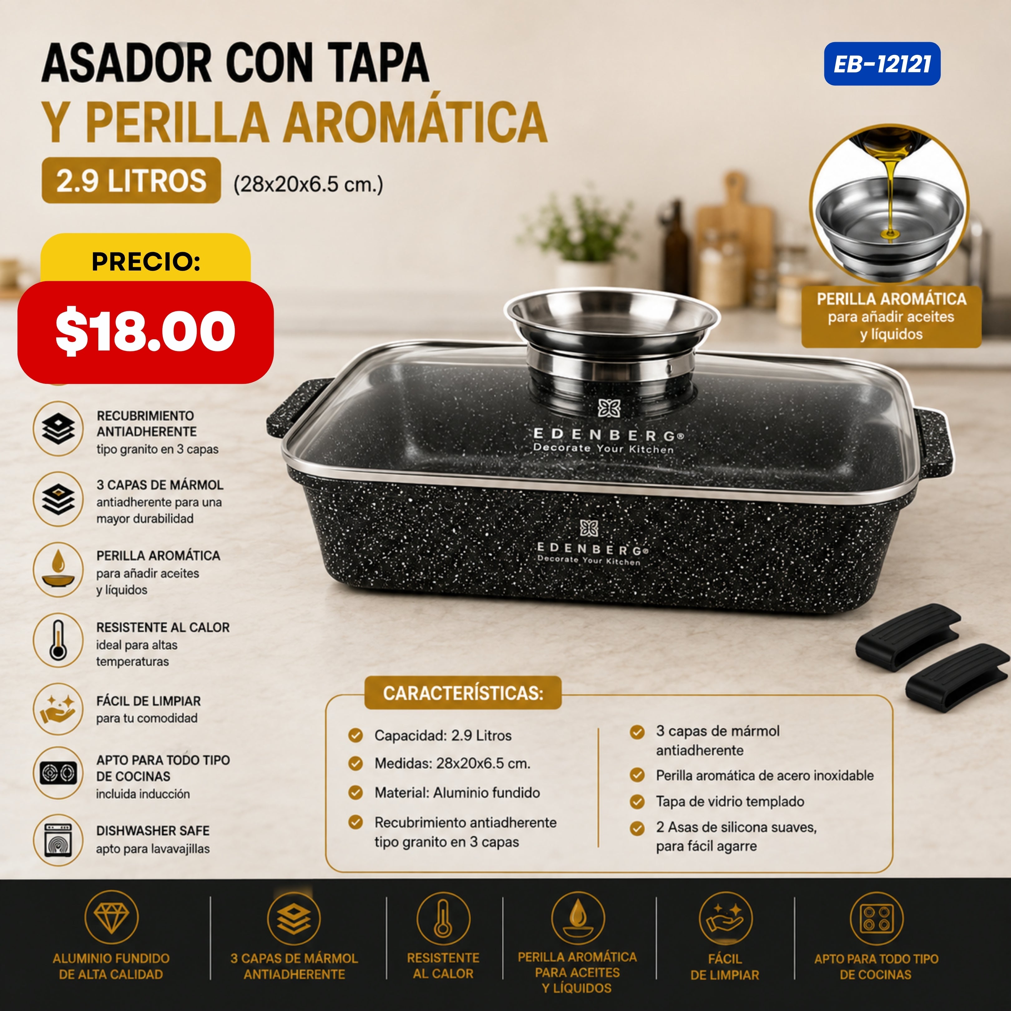 Asador con Tapa y Perilla Aromática 2.9 L Edenberg - características y especificaciones - Ref. EB-12121