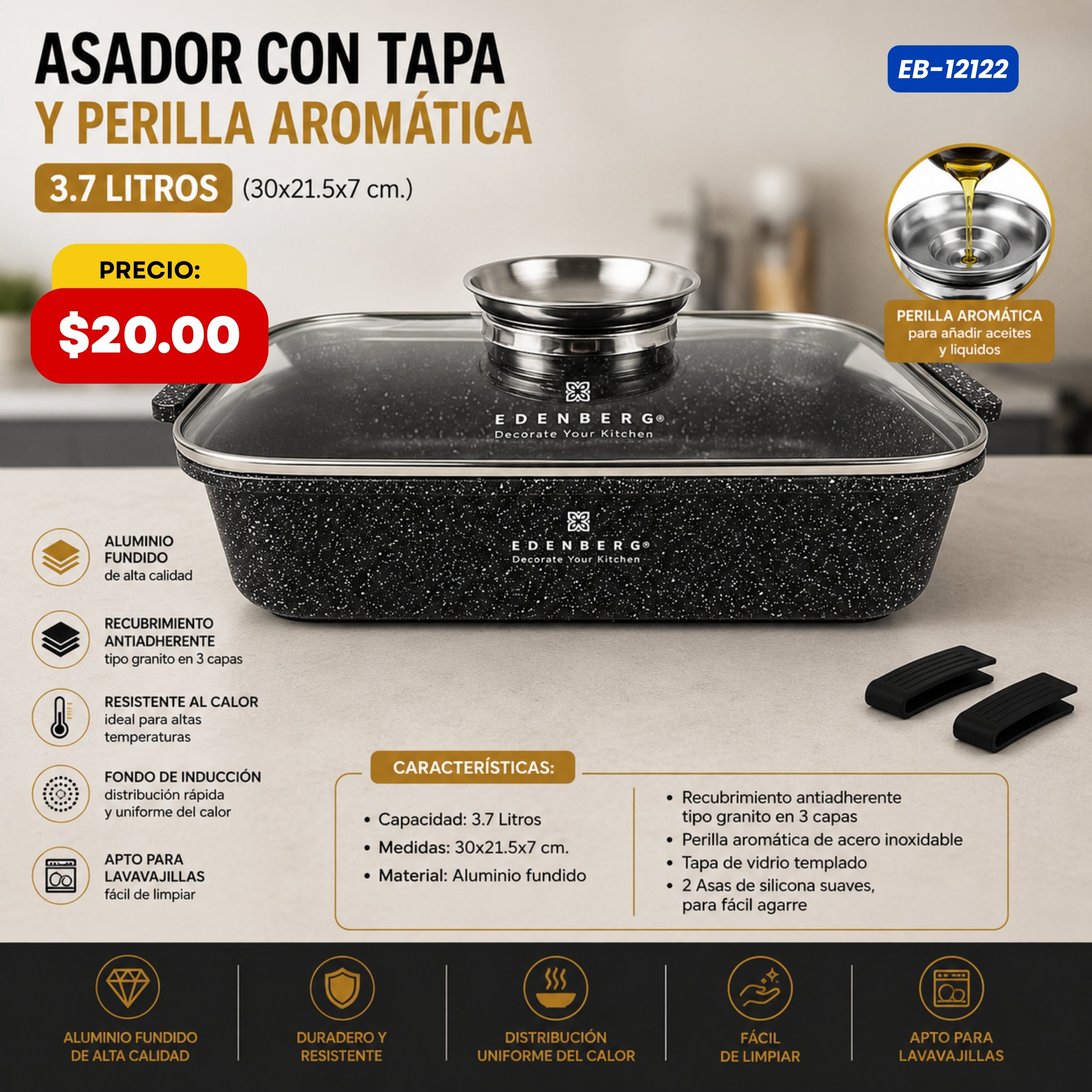 Asador con Tapa y Perilla Aromática 3.7 L Edenberg - características y especificaciones - Ref. EB-12122