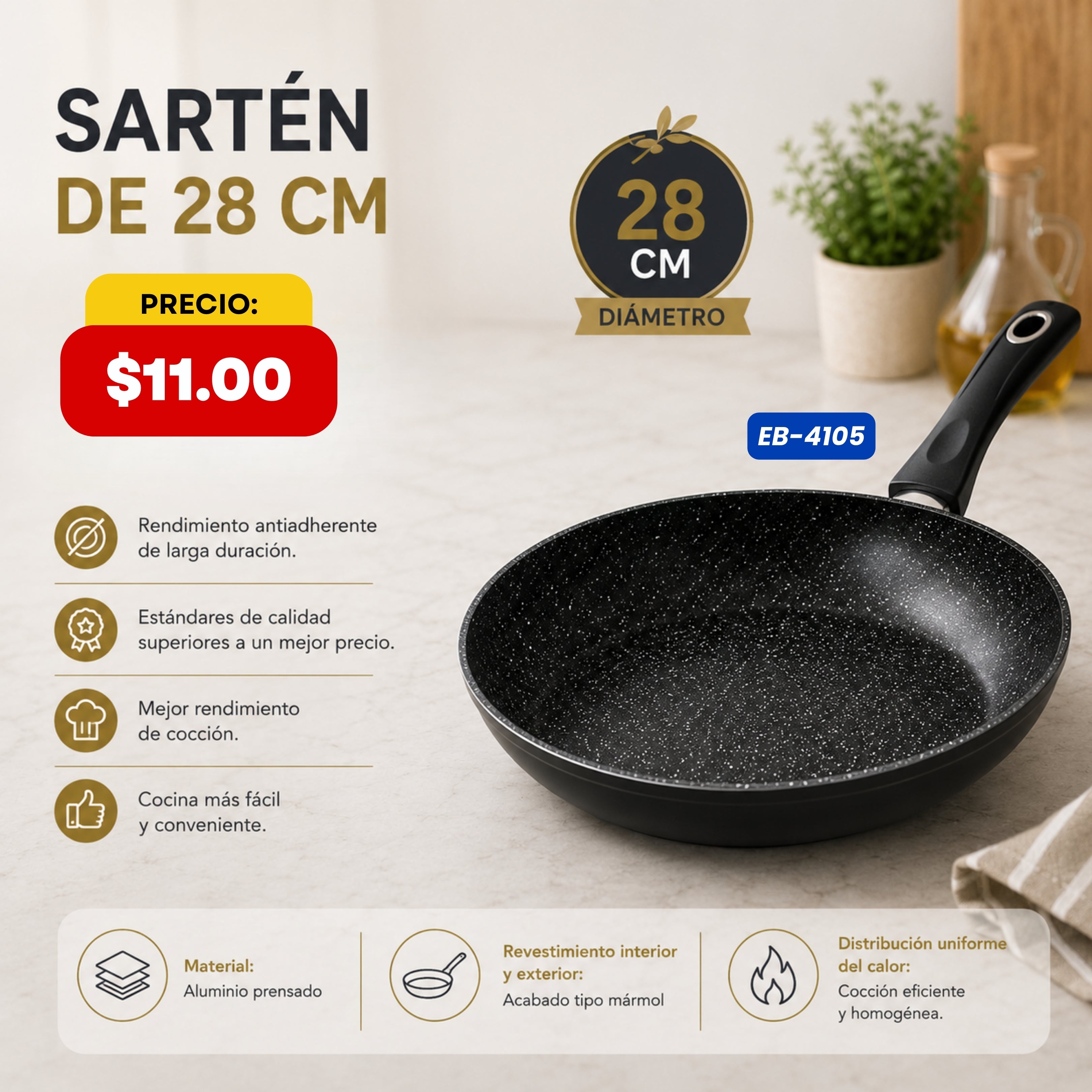 Sartén Antiadherente 28 cm Edenberg - características y especificaciones - Ref. EB-4105