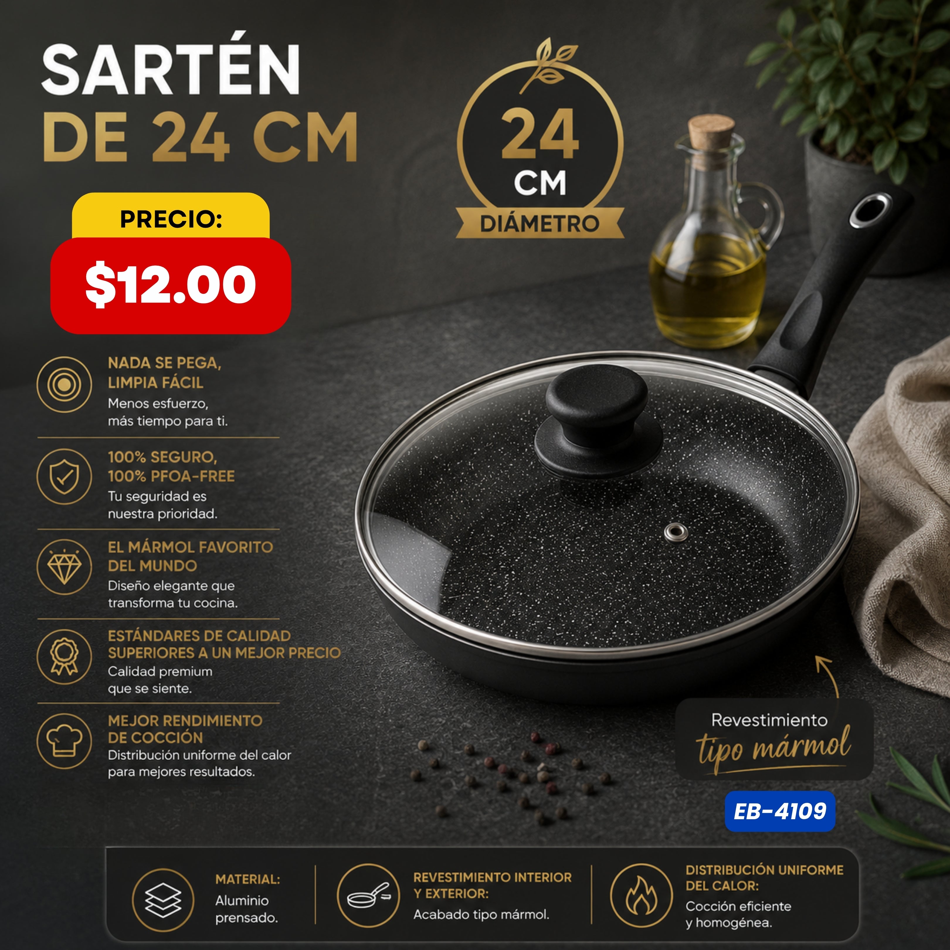 Sartén con Tapa de Vidrio 24 cm Edenberg - características y especificaciones - Ref. EB-4109