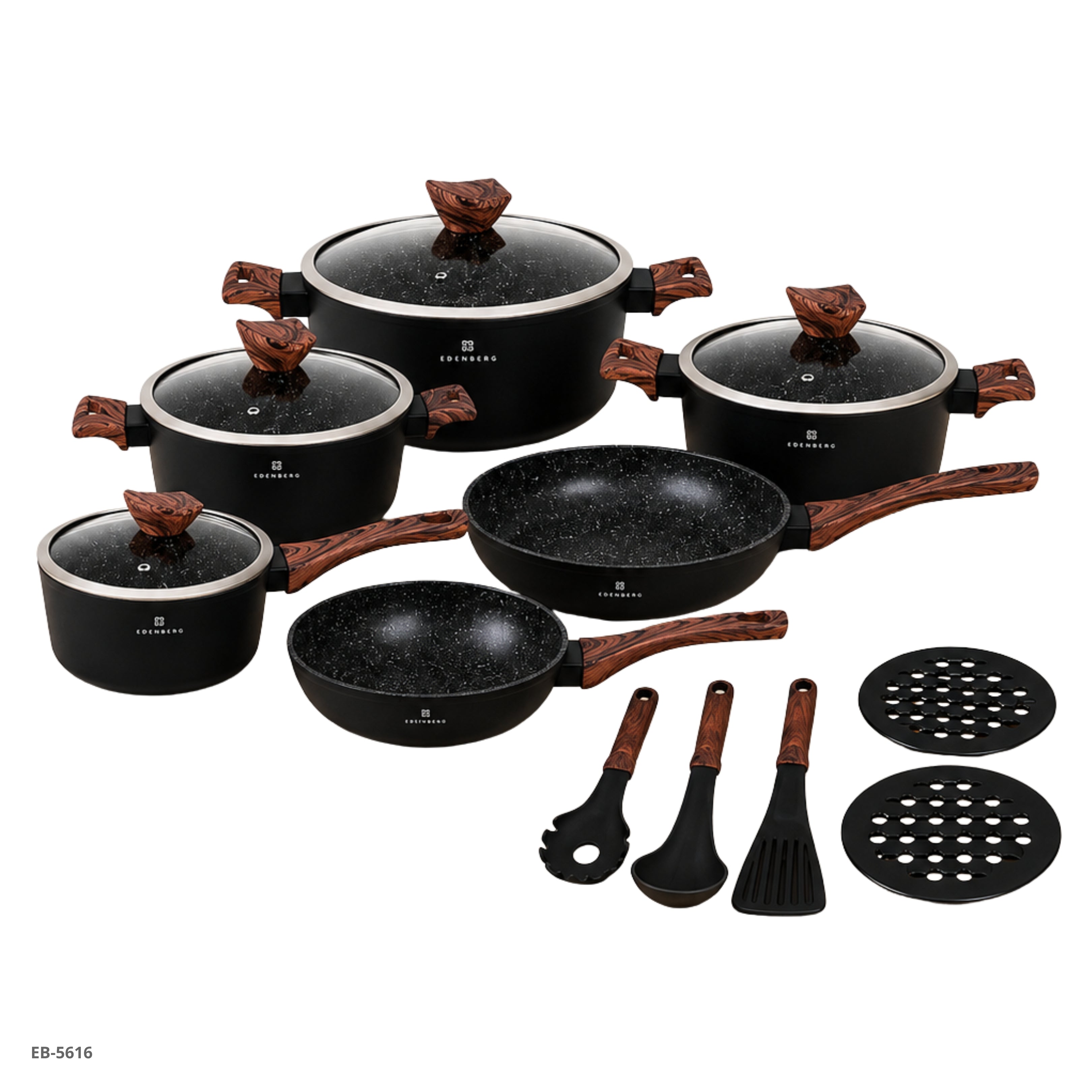 Set de Ollas y Sartenes 15 Piezas — Mangos Tipo Madera Edenberg - Ref. EB-5616