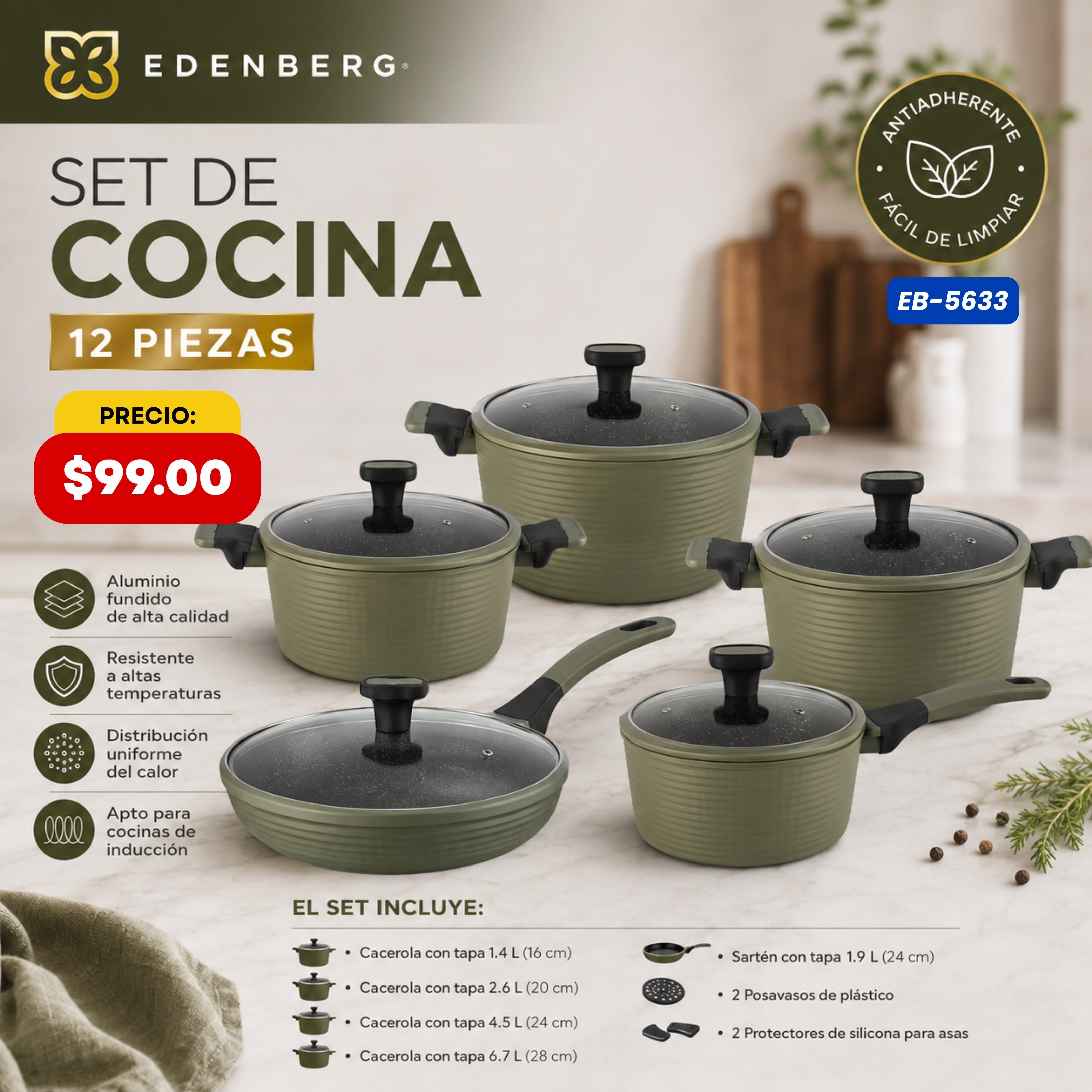 Set de Cocina 12 Piezas — Verde Oliva Edenberg - características y especificaciones - Ref. EB-5633