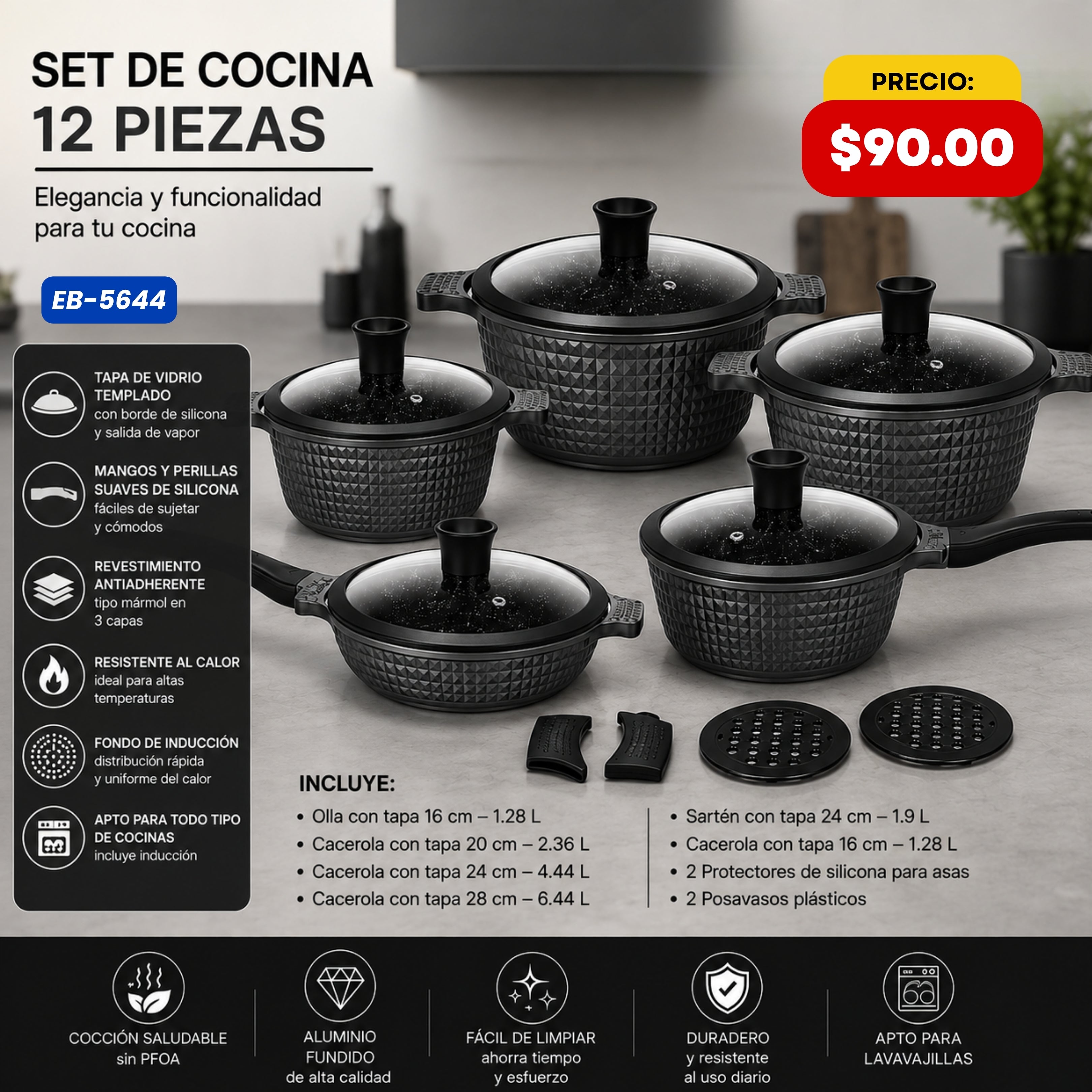 Set de Cocina 12 Piezas — Negro Texturizado Edenberg - características y especificaciones - Ref. EB-5644