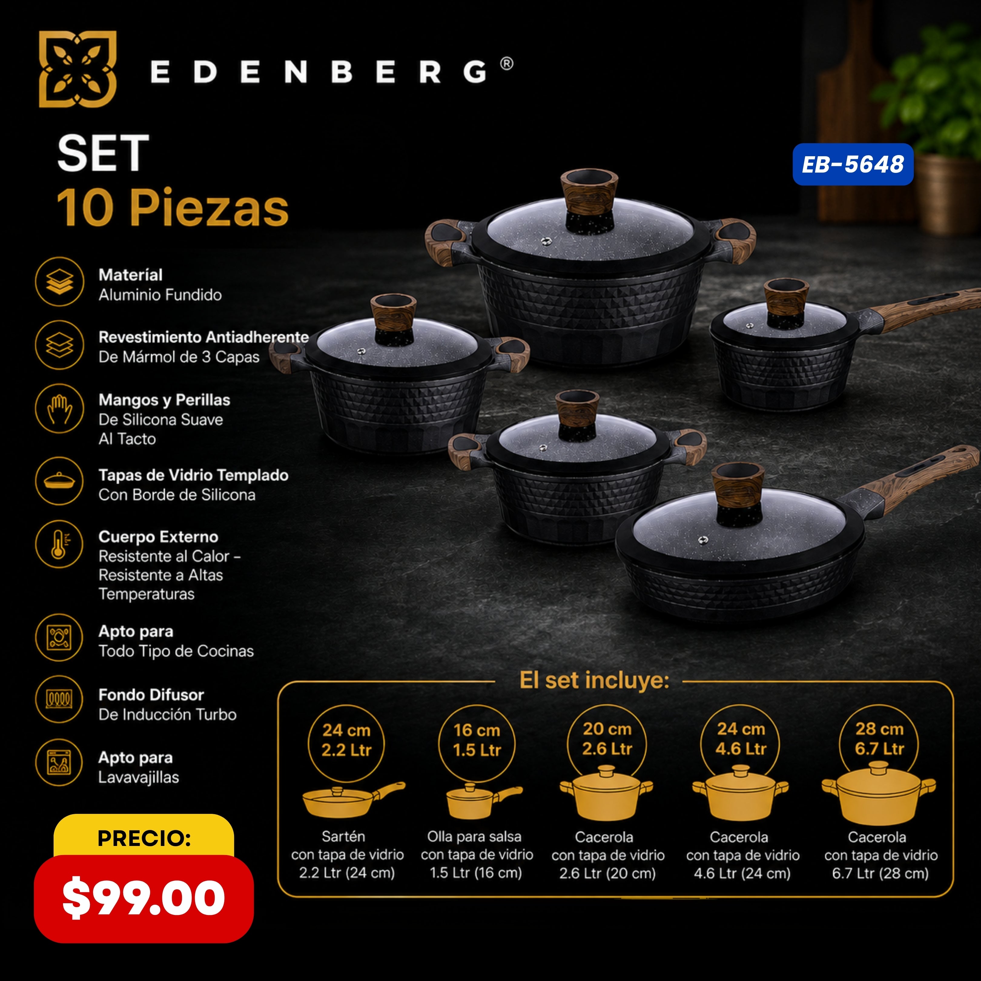 Set de Cocina 10 Piezas — Mangos Tipo Madera Edenberg - características y especificaciones - Ref. EB-5648