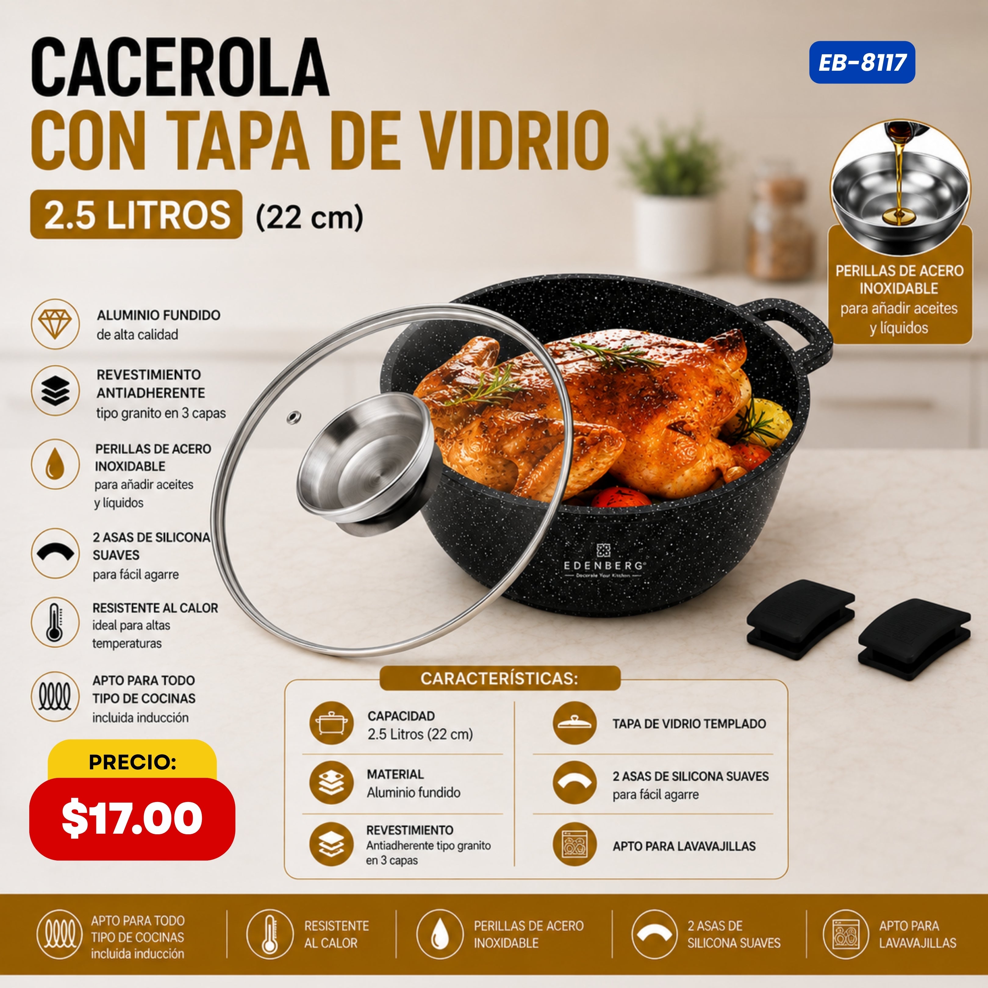 Cacerola con Tapa de Vidrio 2.5 L (22 cm) Edenberg - características y especificaciones - Ref. EB-8117
