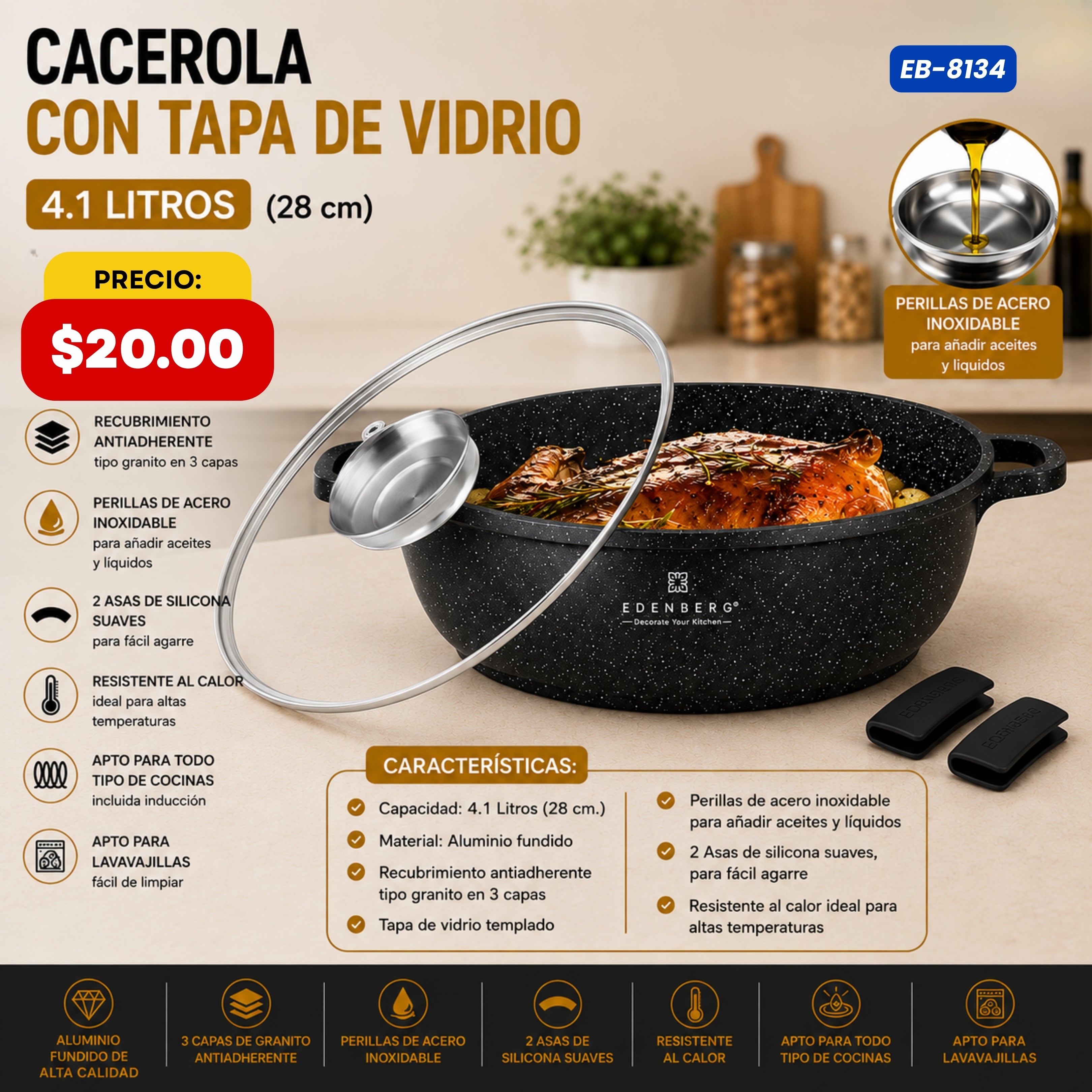 Cacerola Baja con Tapa de Vidrio 4.1 L (28 cm) Edenberg - características y especificaciones - Ref. EB-8134