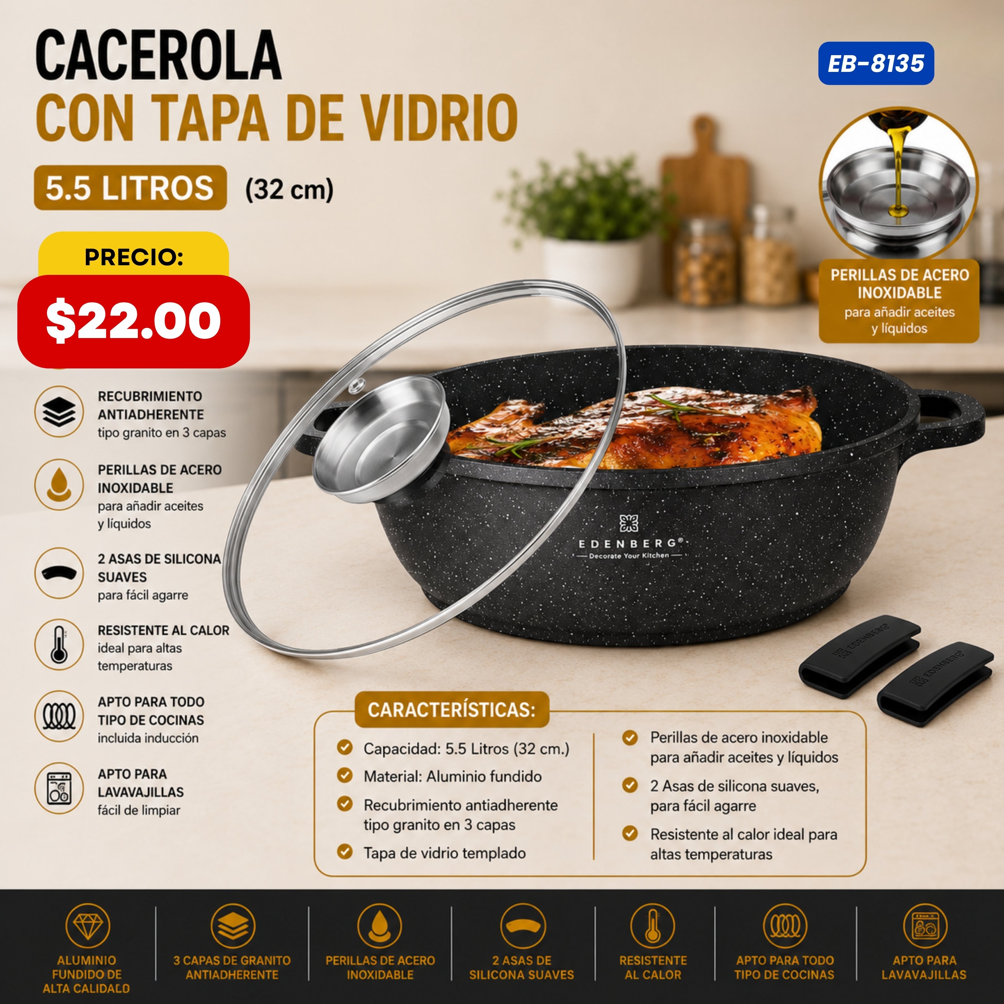 Cacerola Baja con Tapa de Vidrio 5.5 L (32 cm) Edenberg - características y especificaciones - Ref. EB-8135