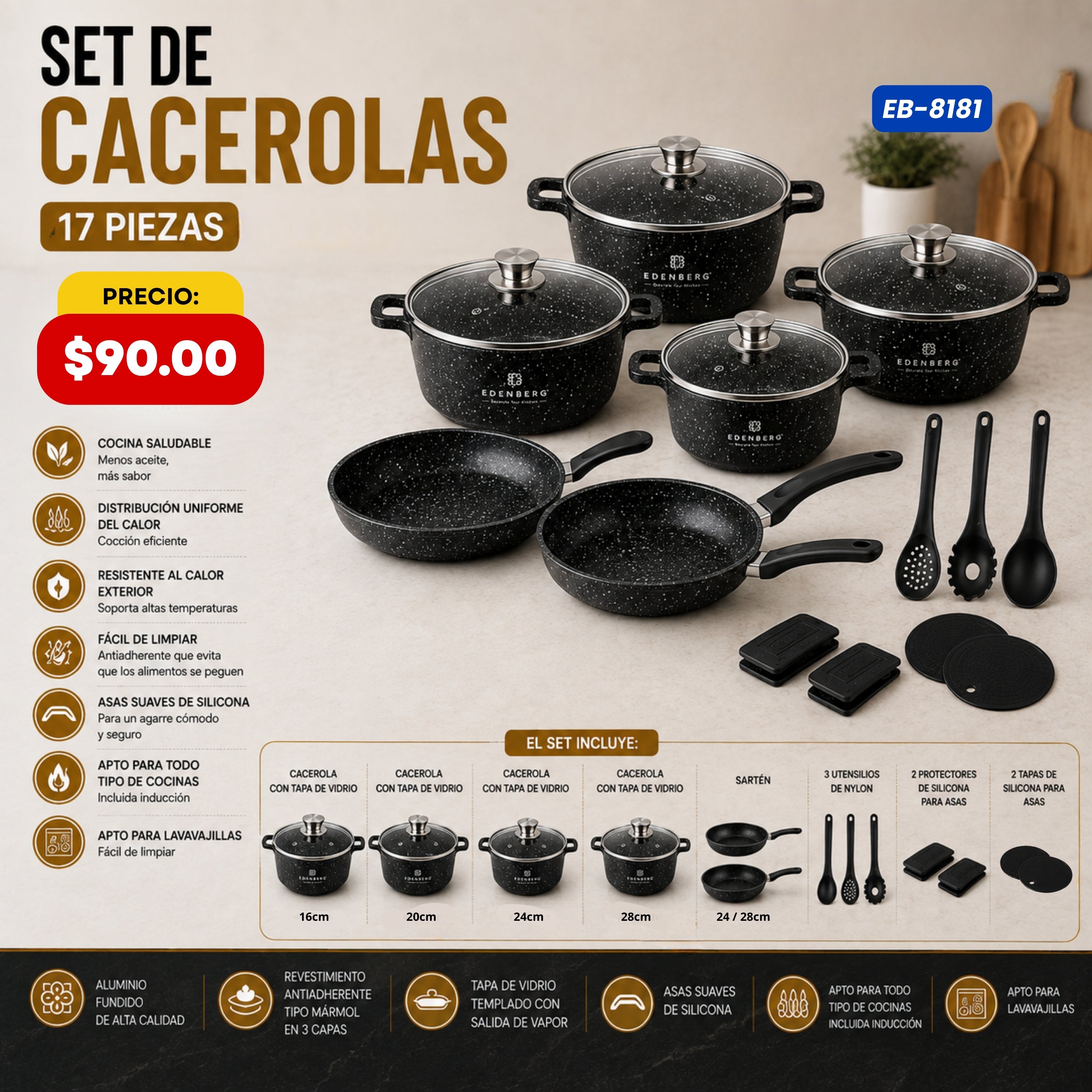 Set de Cacerolas y Sartenes 17 Piezas Edenberg - características y especificaciones - Ref. EB-8181