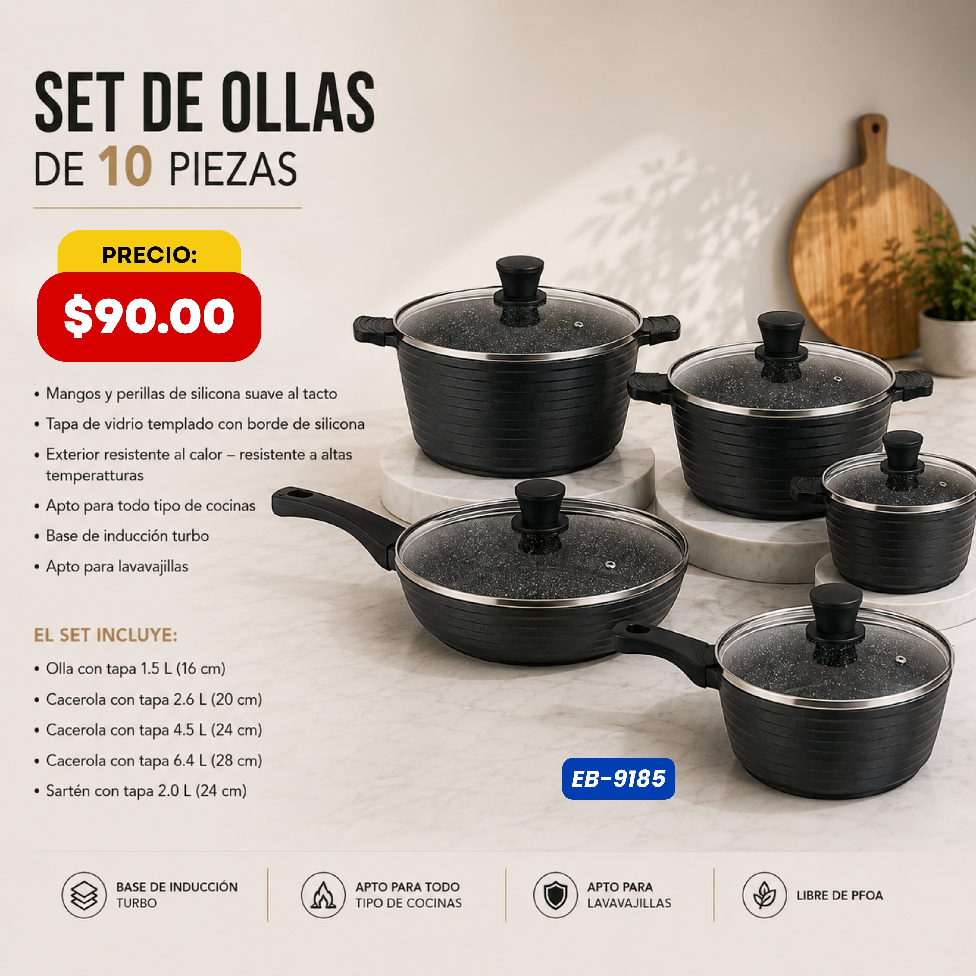 Set de Ollas 10 Piezas Edenberg - características y especificaciones - Ref. EB-9185