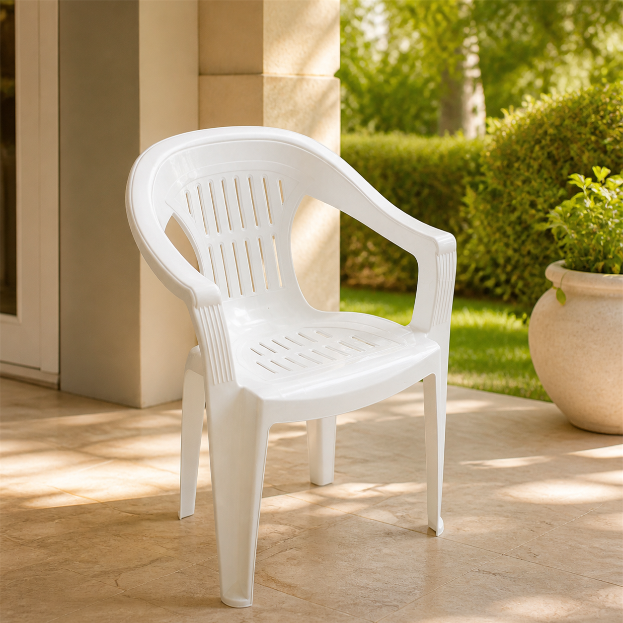 Sillas Plasticas Leylak 59CM*60.5CM*77.5CM Blanco en ambiente exterior