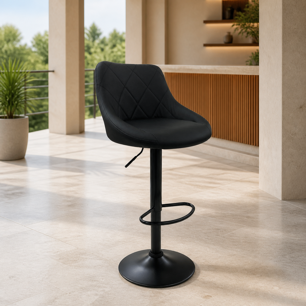 Silla de Bar Cuerina Negra/ Base Negra en ambiente exterior