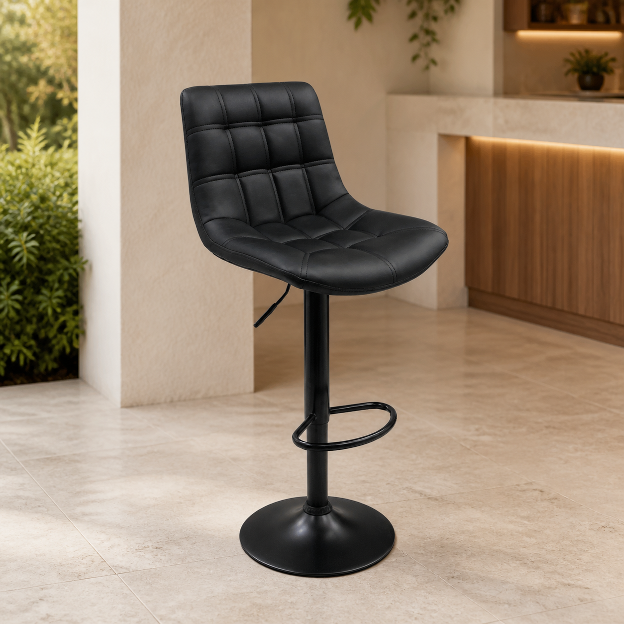 Silla de Bar Cuerina Negra/ Base Negra en ambiente exterior