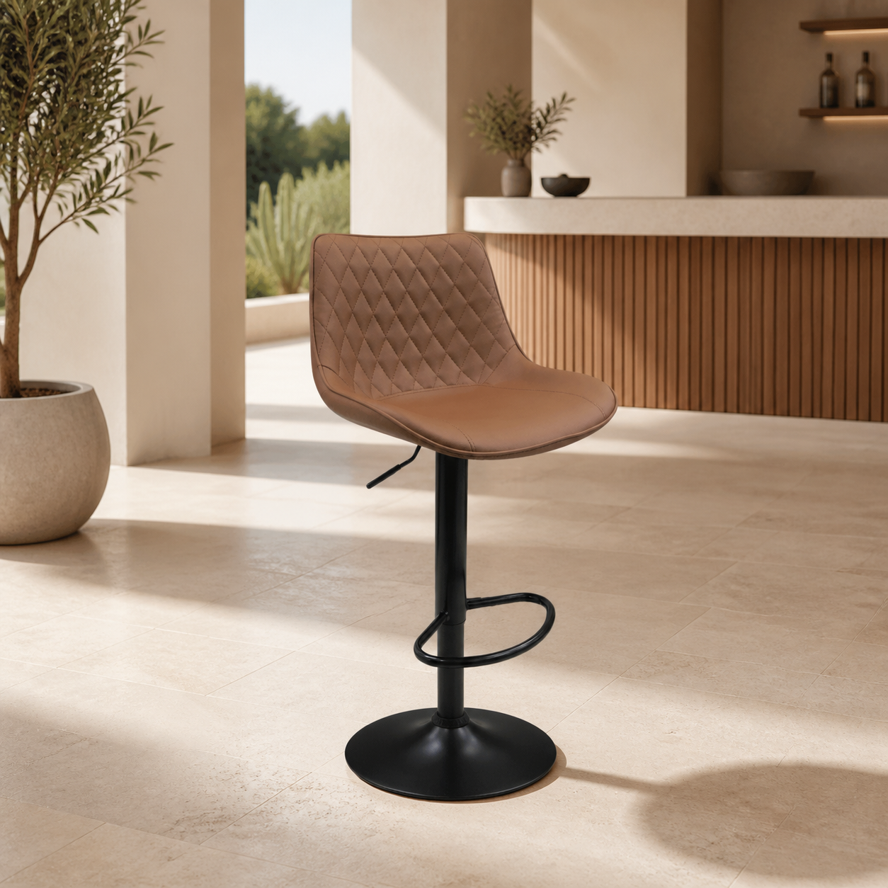 Silla de Bar Cuerina Chocolate /Base Negra en ambiente exterior