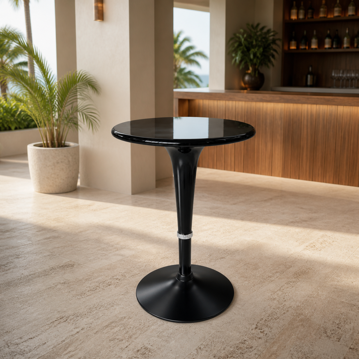 Mesa de Bar Negra/Base Negra en ambiente exterior
