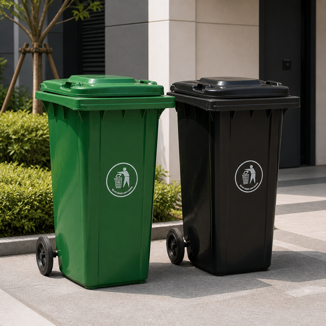 Basureros 120L verde y negro con llantas en ambiente residencial