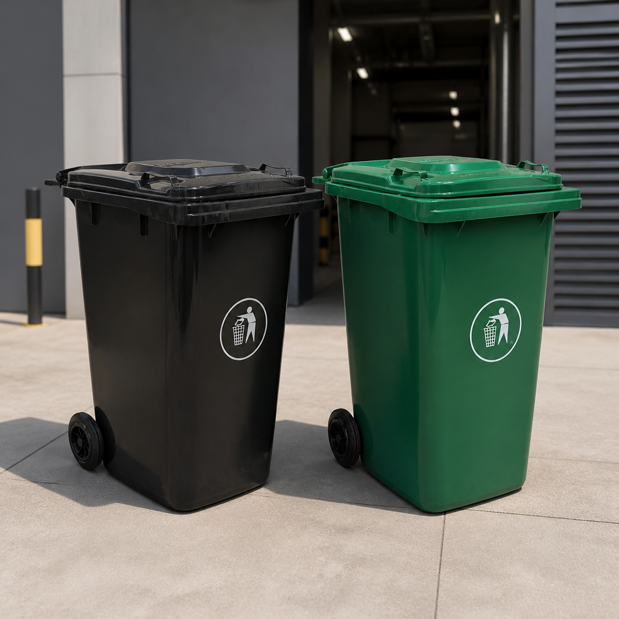 Basureros 240L negro y verde con llantas en ambiente comercial