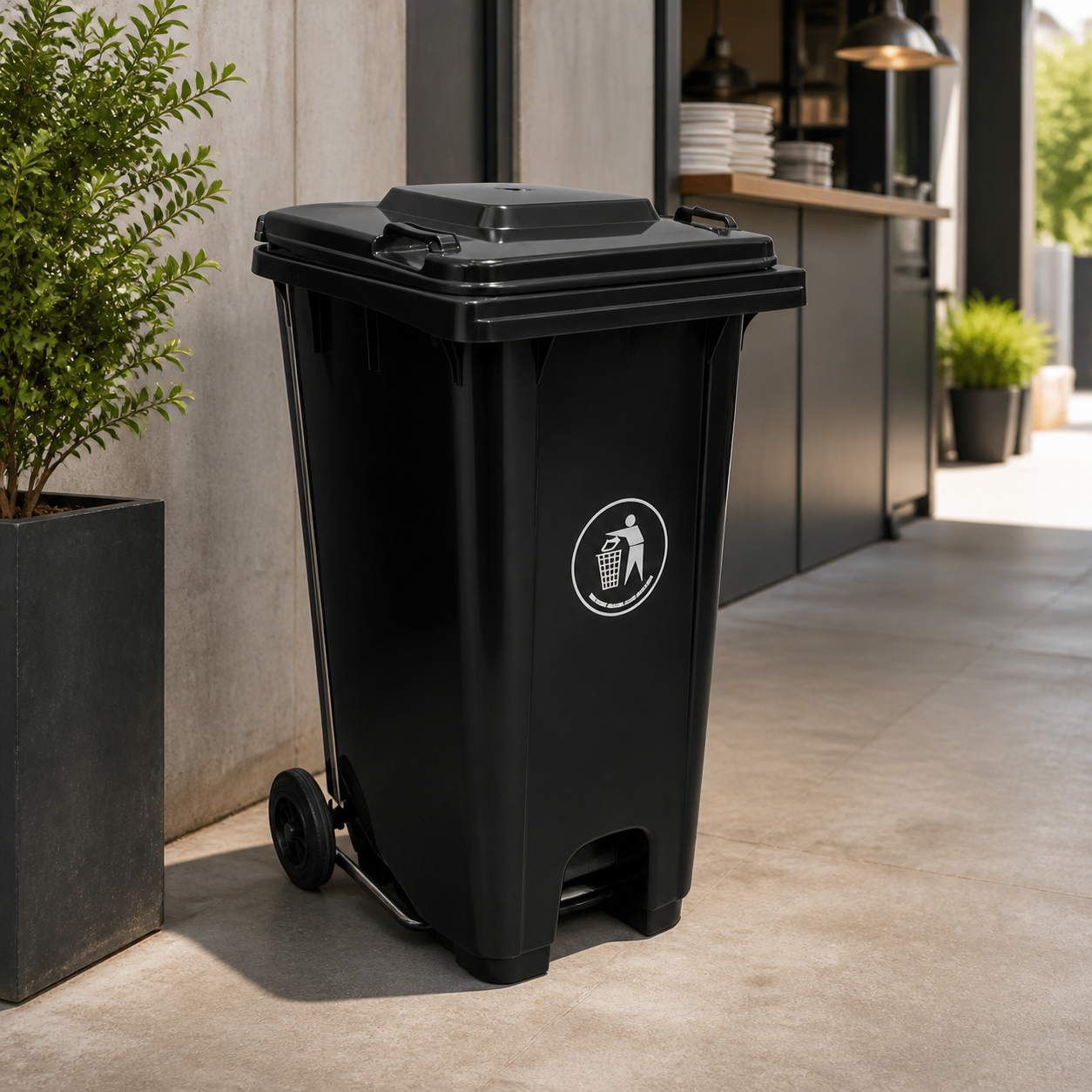 Basurero 240L negro con llantas y pedal en ambiente comercial