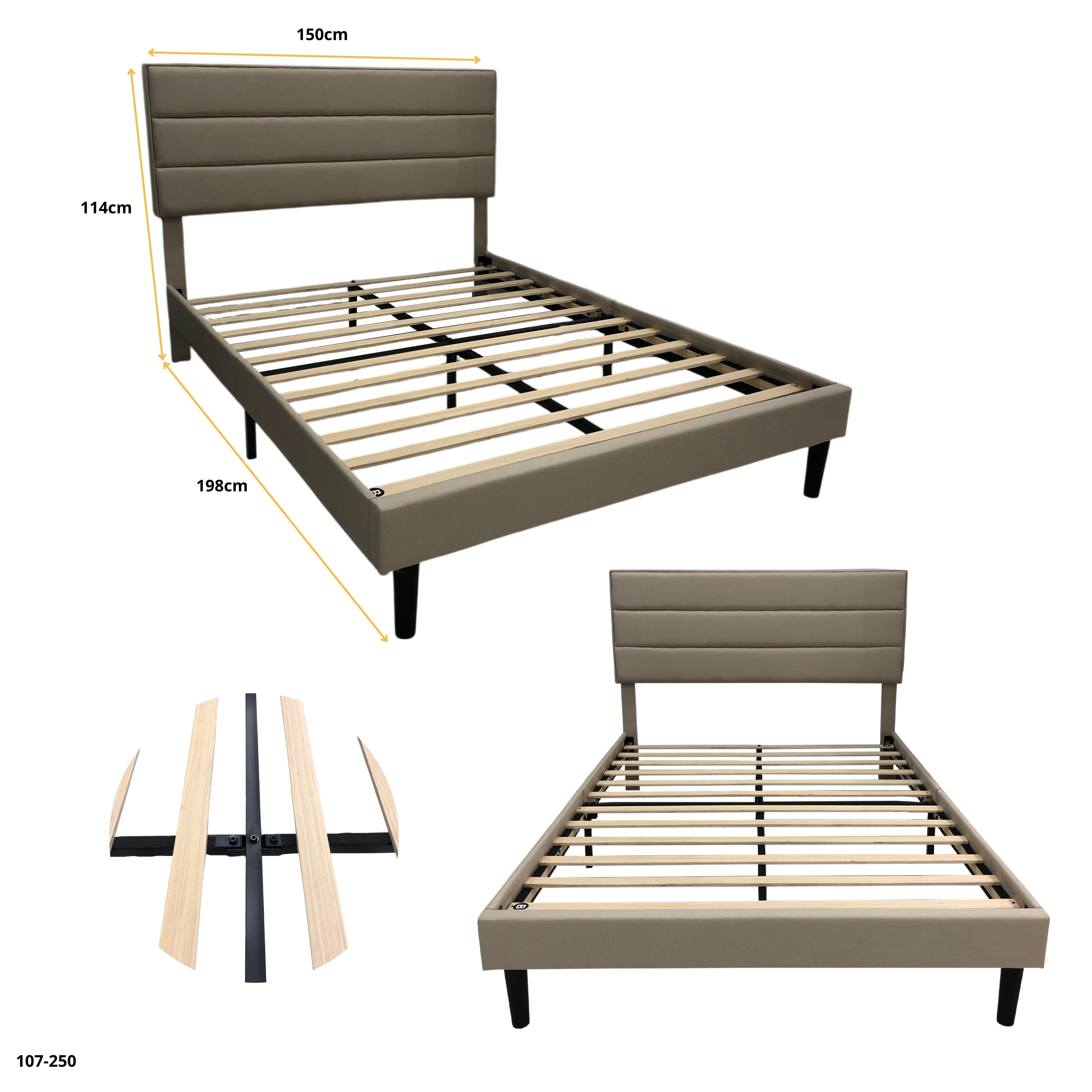 Cama con Cabecera Tapizada y Base Metálica