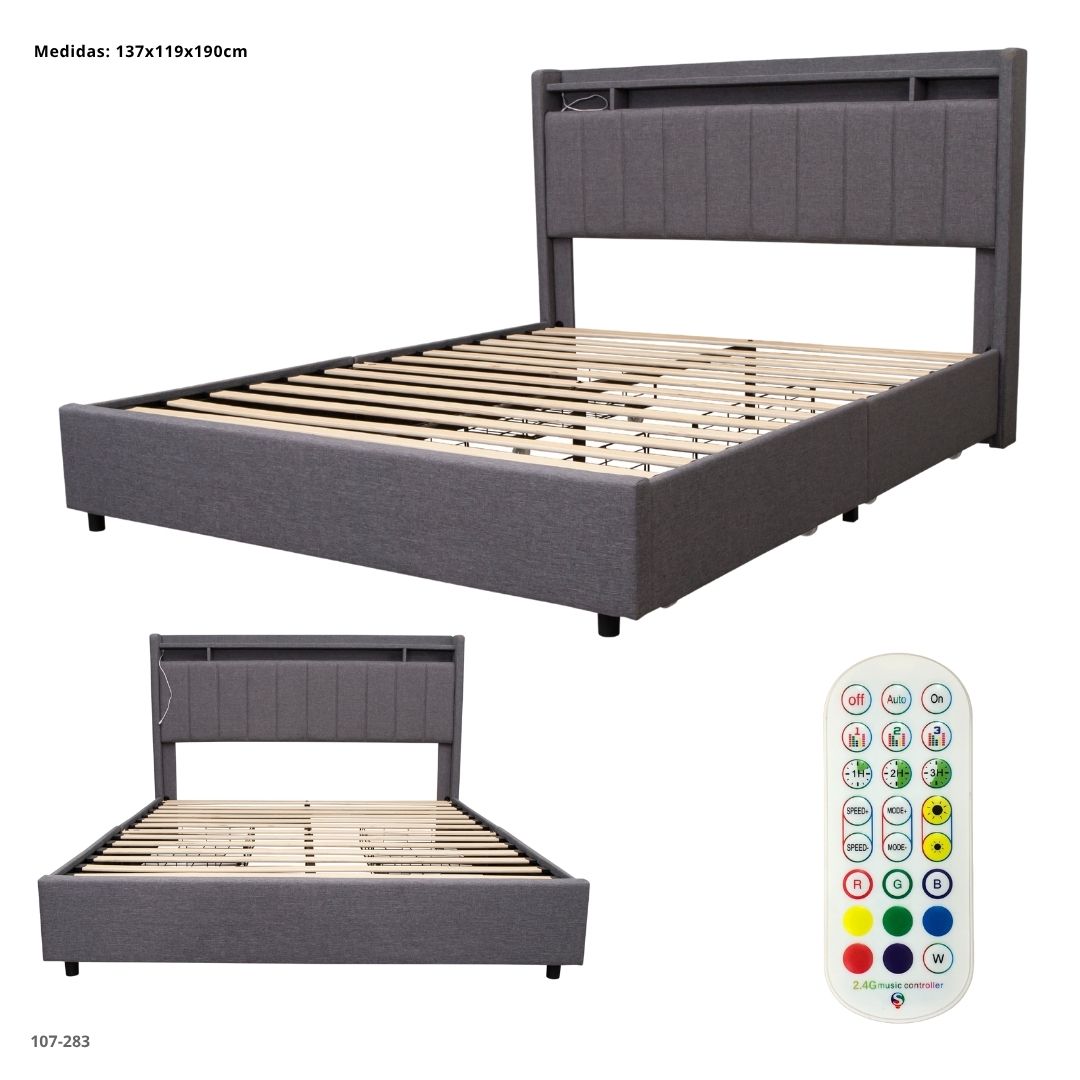 CAMA GRIS CON 4 GAVETAS LED/USB/CONECTOR ELECTRICO