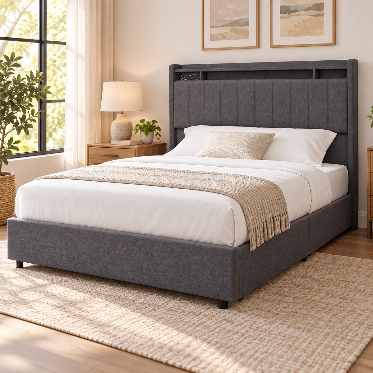 Cama Gris con 4 Gavetas Led/Usb/Conector Electrico en ambiente