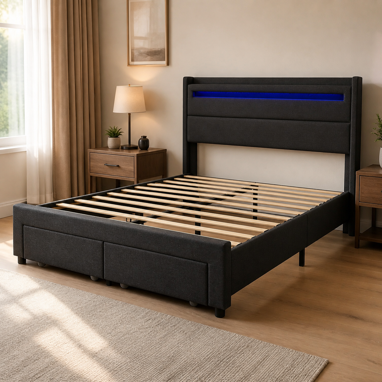 Cama gris con dos gavetas y luz LED en dormitorio