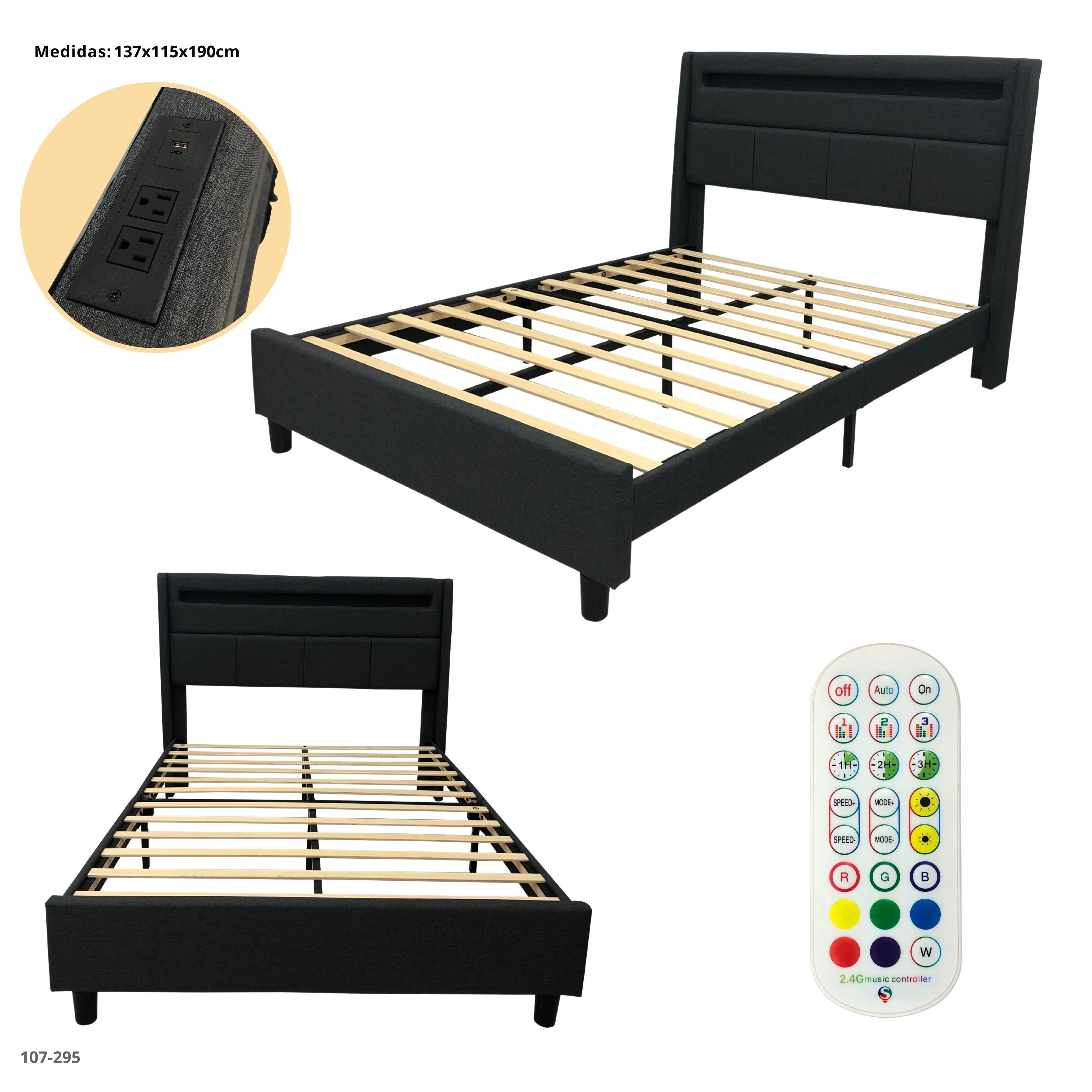 CAMA GRIS OSCURO CON USB/LED/TOMA CORRIENTE