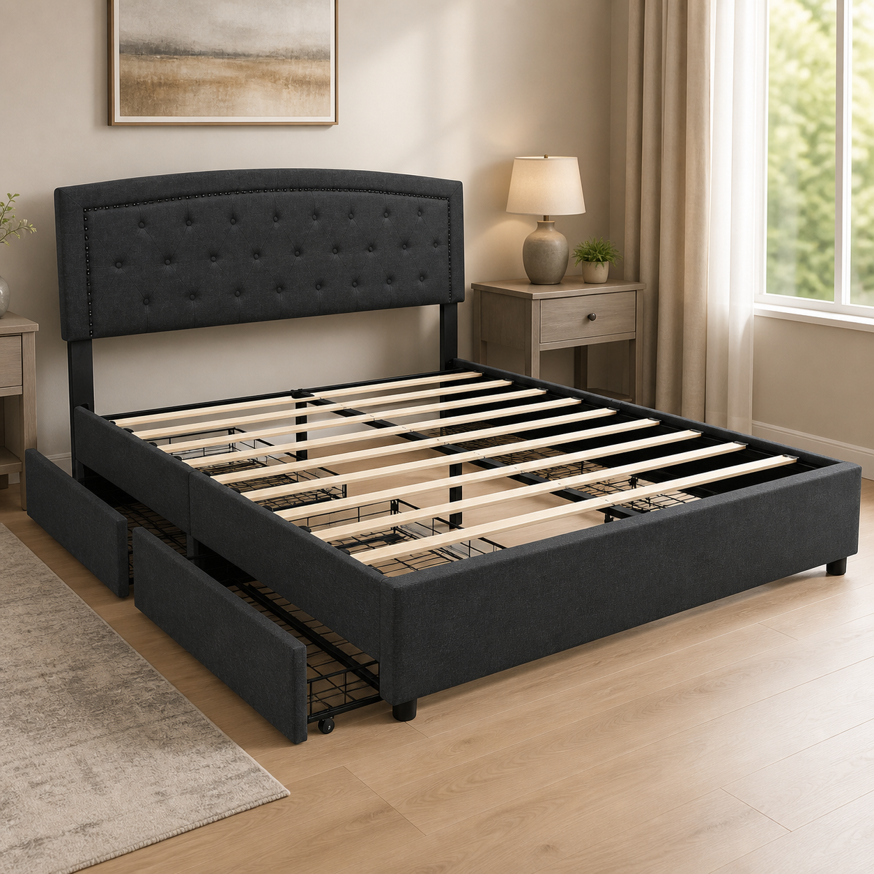 Cama gris oscuro con cuatro gavetas en dormitorio