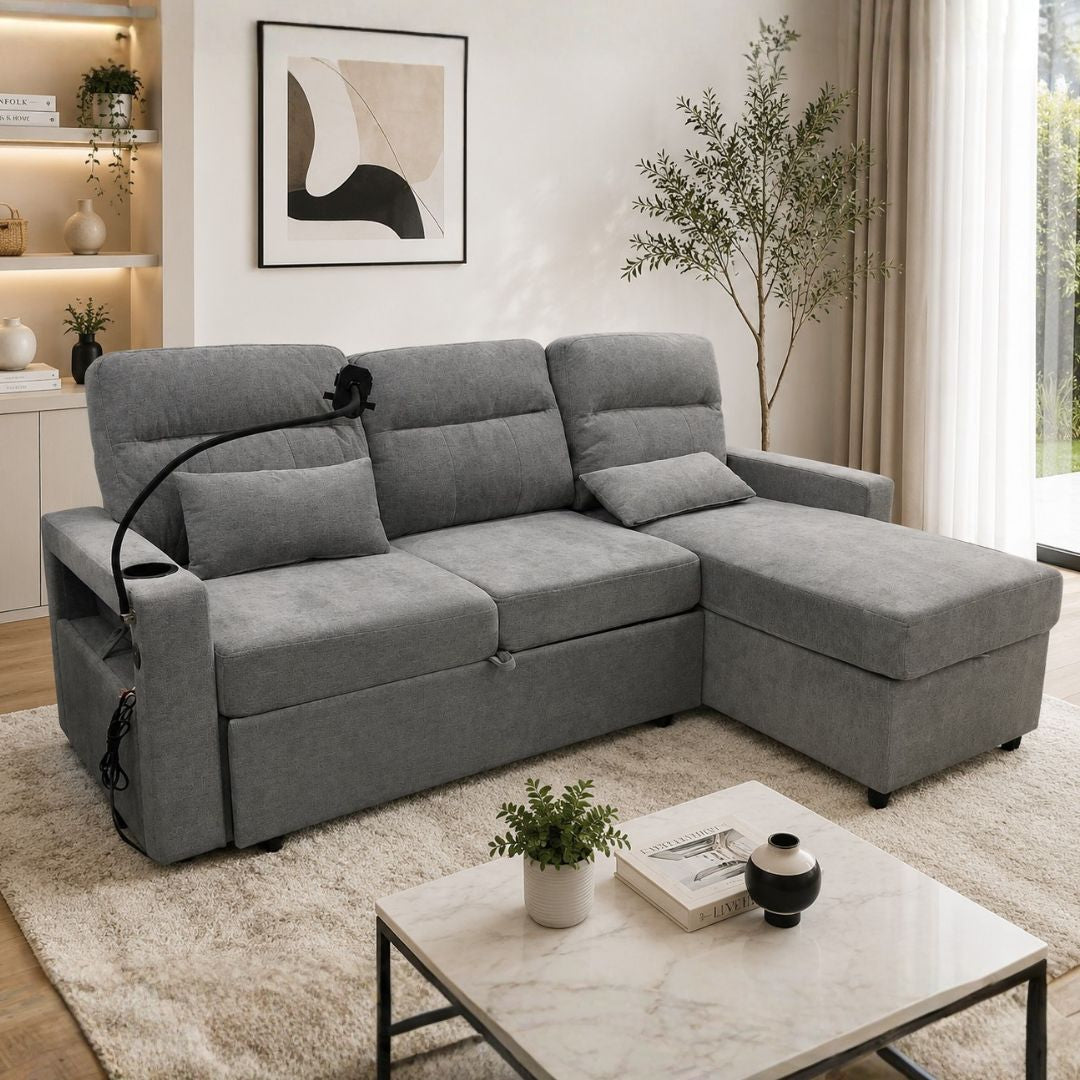 Sofa Cama L Gris C/Base P.Cel, Portavaso, Baul y USB
