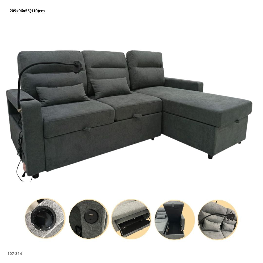 SOFA CAMA L GRIS OSCURO C/BASE P.CEL, PORTAVASO, BAUL Y USB