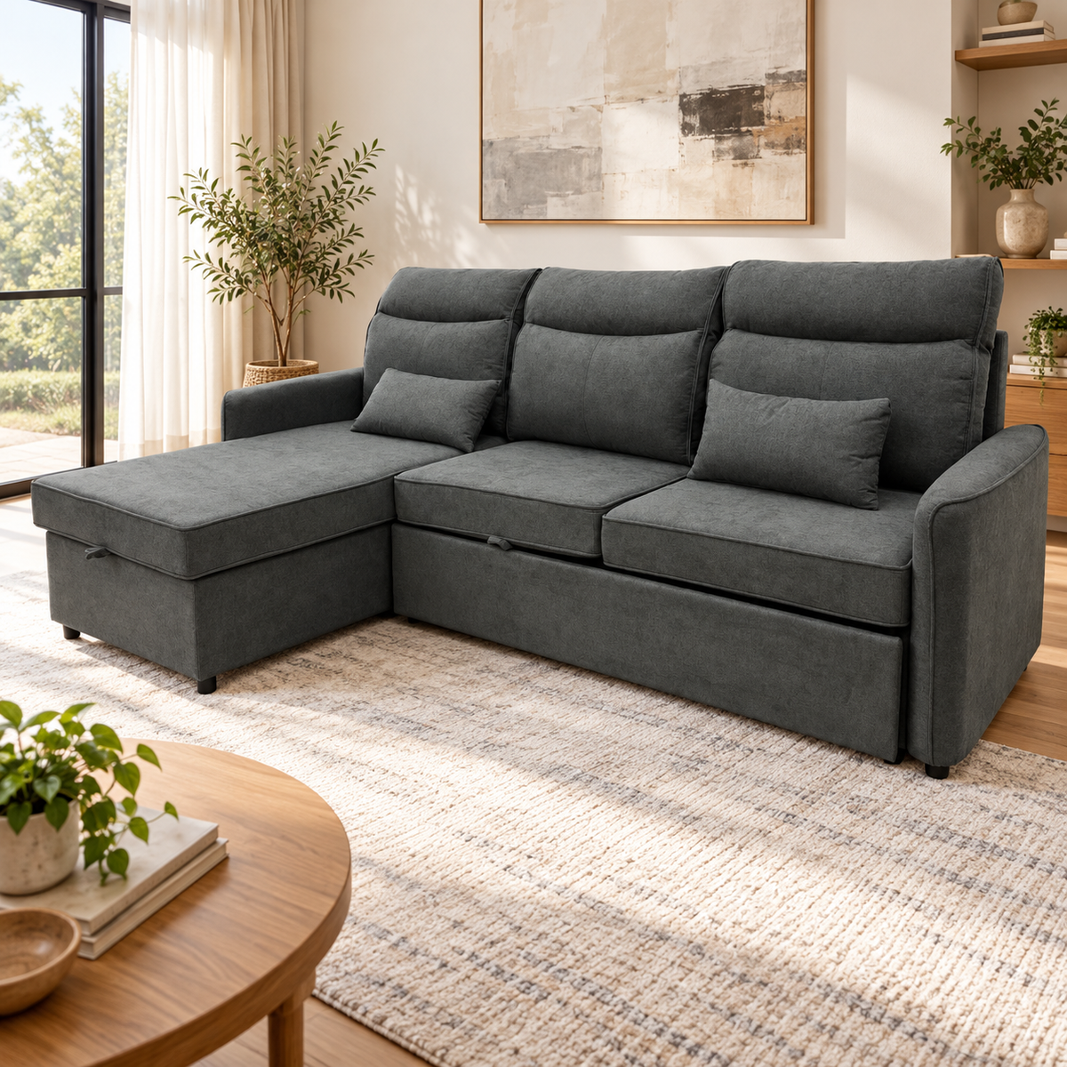 Sofa Cama L Gris Oscuro C/Usb y Baul en ambiente