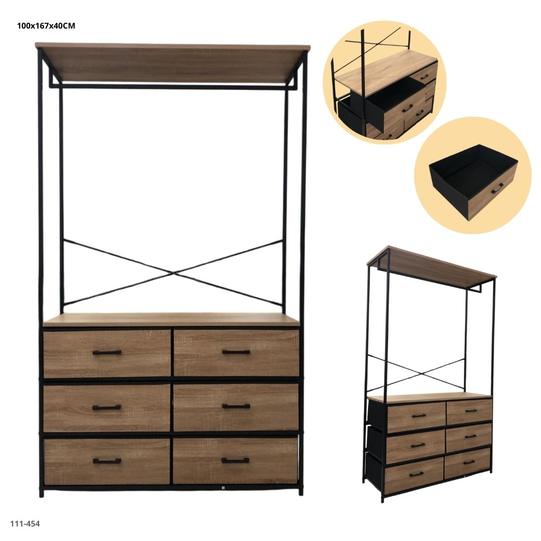 GAVETERO 6 GAVETAS C/BARRA PARA COLGAR ROPA  100*167*40CM