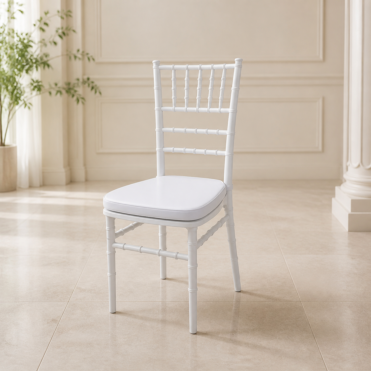 Silla de Evento Tiffany Plastico Blanco con Cojin en ambiente exterior