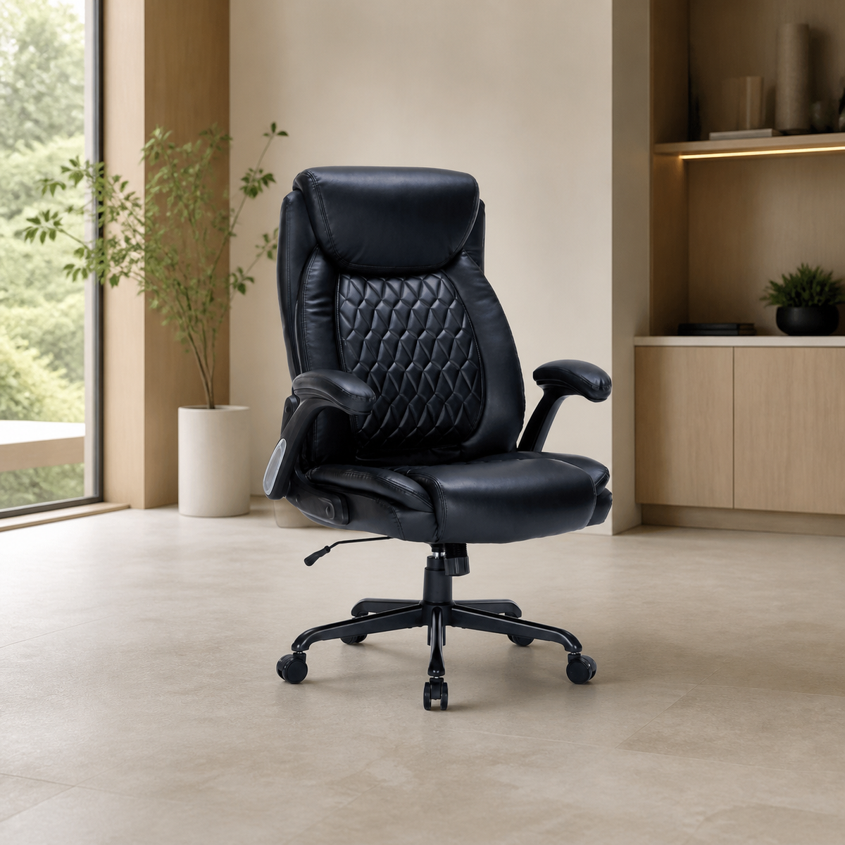 Silla de Oficina Grande Cuerina Negra Cap 380LB/172KG en ambiente exterior
