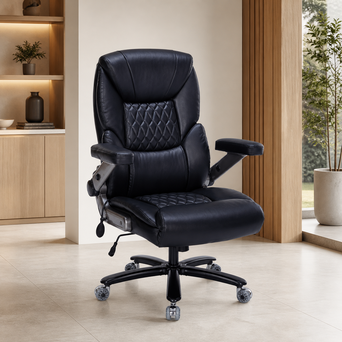 Silla de Oficina Grande Cuerina Negra Cap 480LB/218KG en ambiente exterior