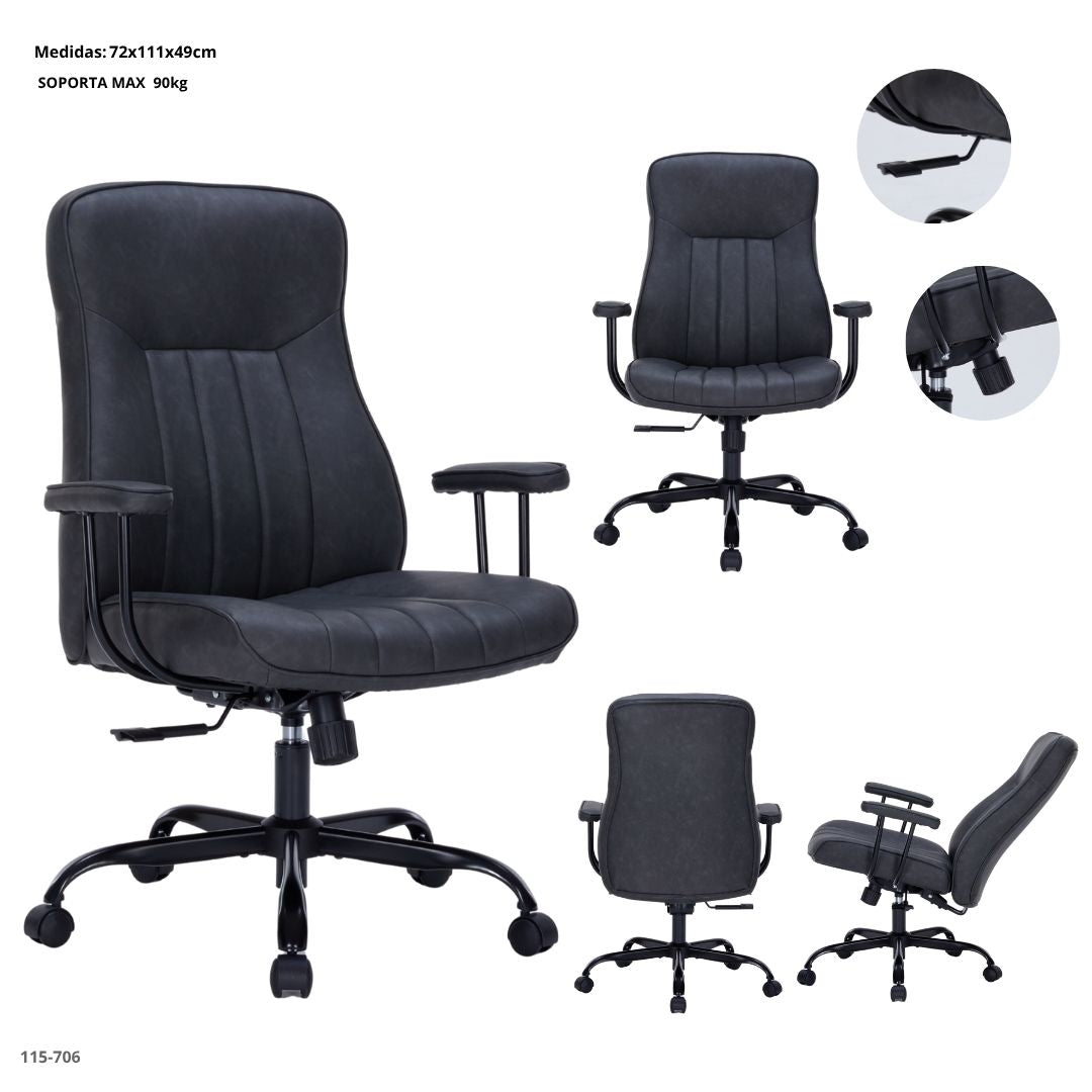 SILLA DE OFICINA GRANDE CUERINA NEGRA CAP 200LB/90KG