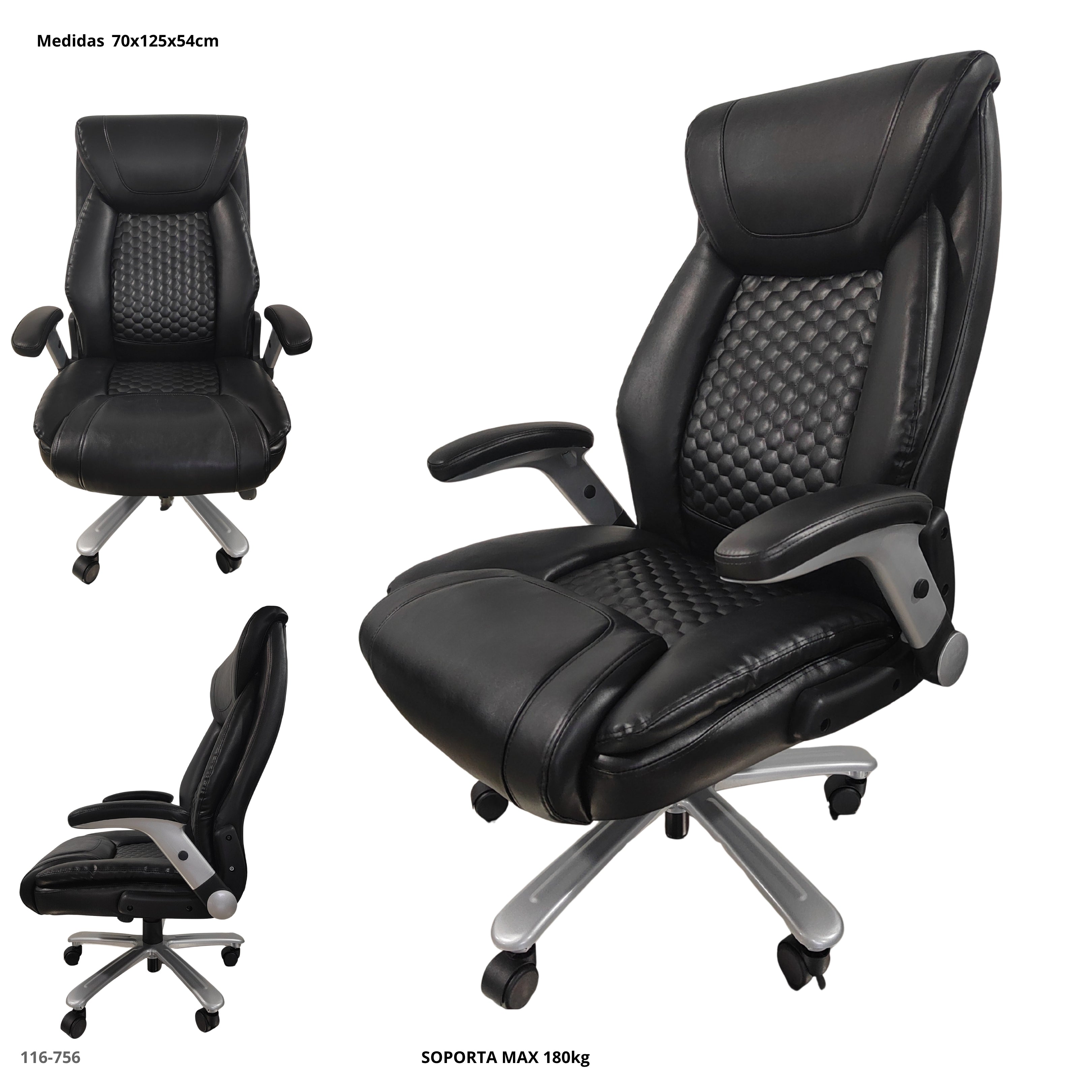 SILLA DE OFICINA GRANDE DE CUERINA NEGRA C/SOPORTE DE 175KG
