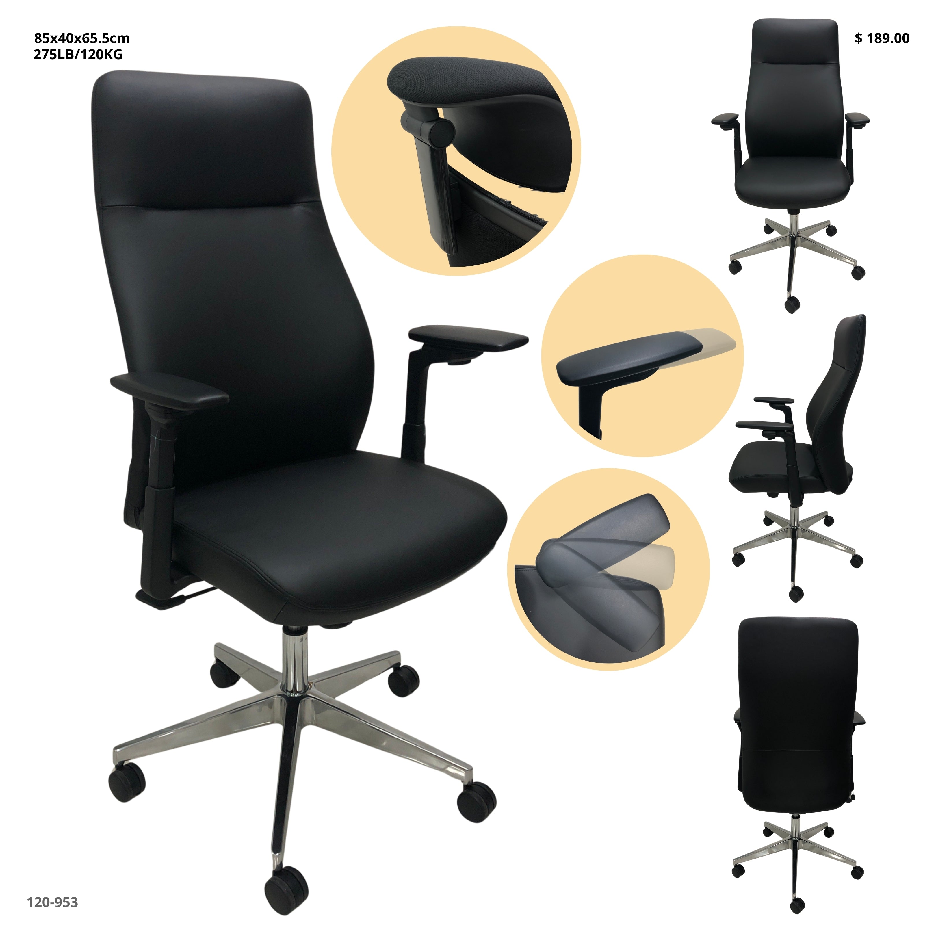 SILLA DE OFICINA CUERINA NEGRA CAPACIDAD 275LB/120KG