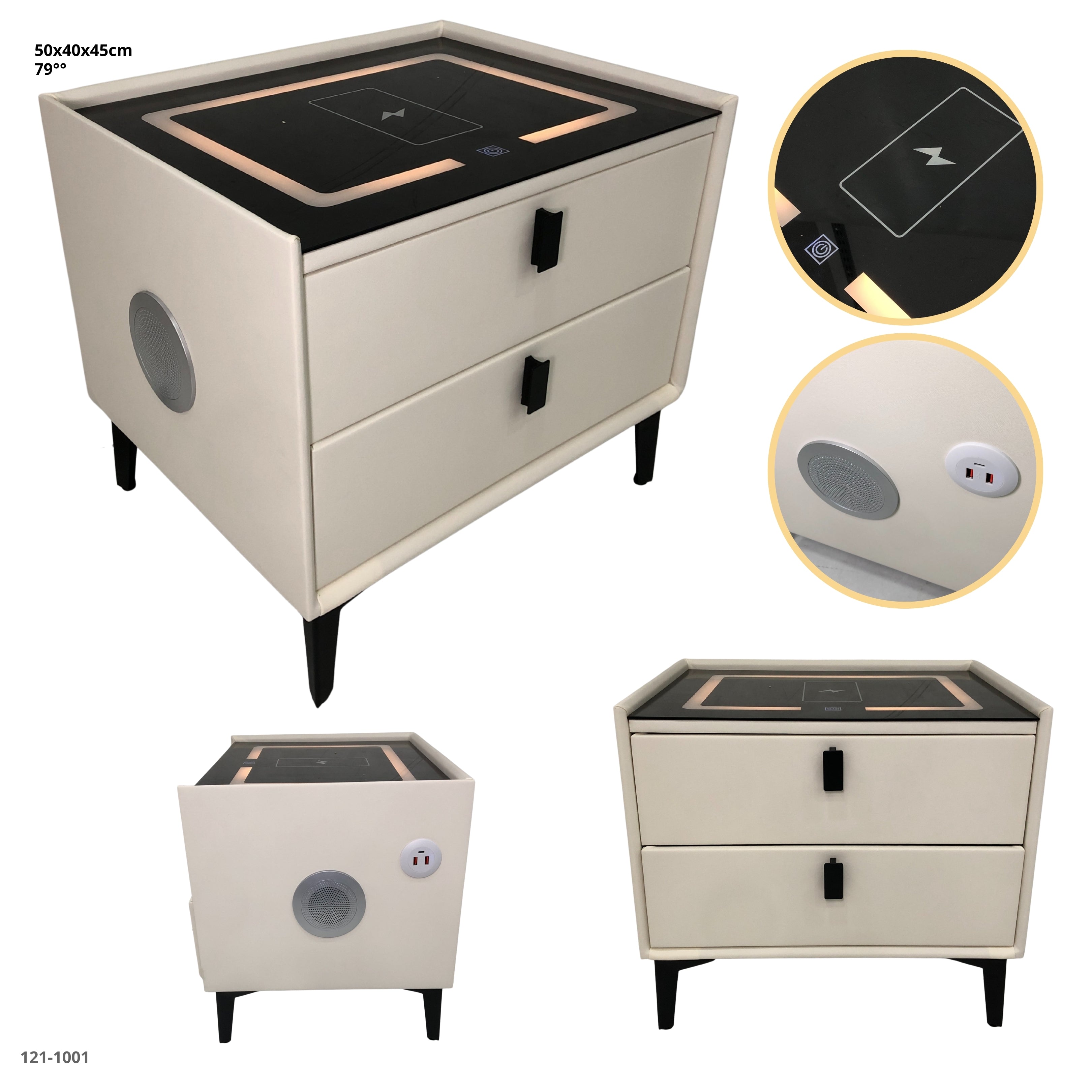 MESITA BLANCA DE NOCHE CON BLUETOOTH+LUZ+CARGADOR 2 GAVETAS