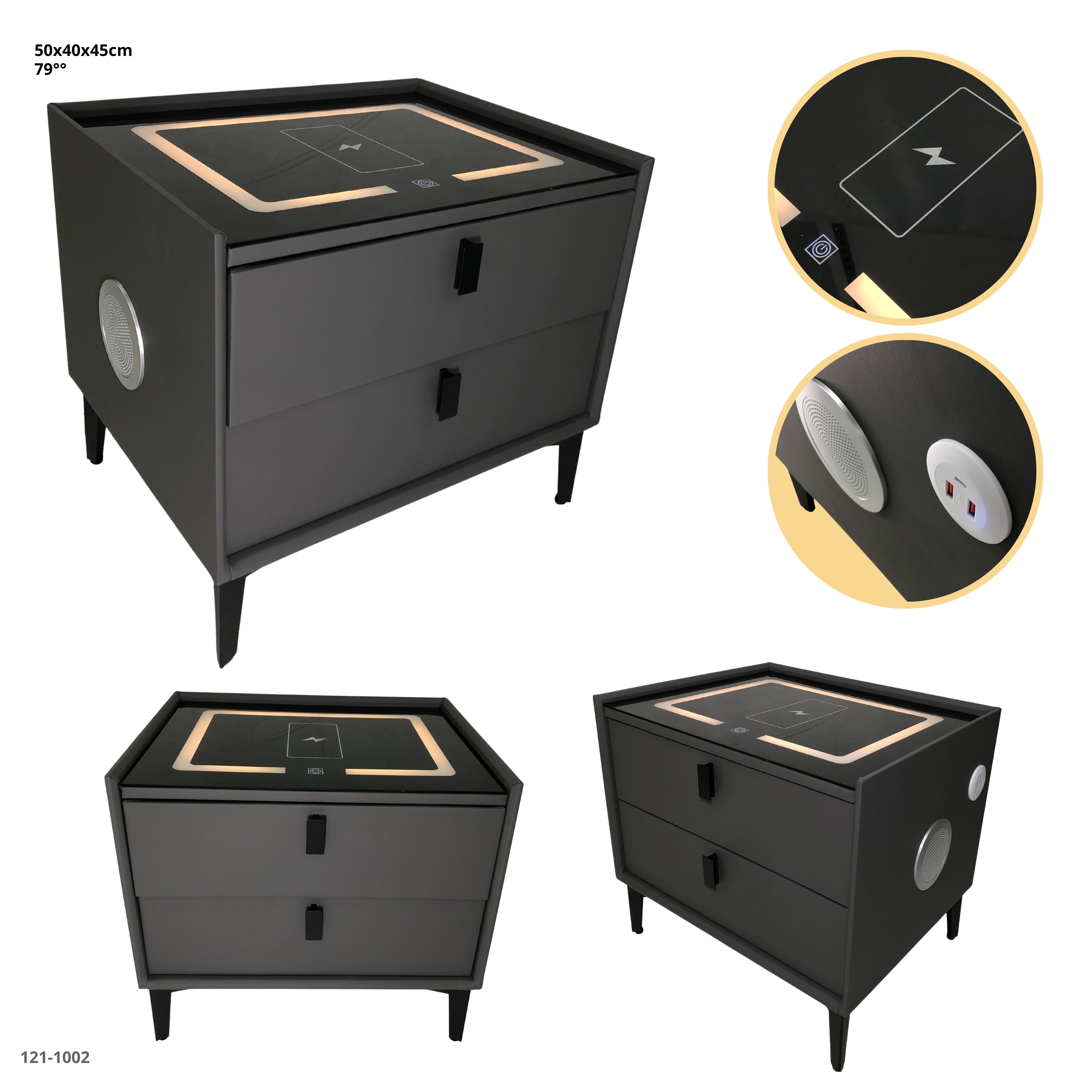 MESITA GRIS OSCURO DE NOCHE CON BLUETOOTH+LUZ+CARGADOR 2 GAVETAS