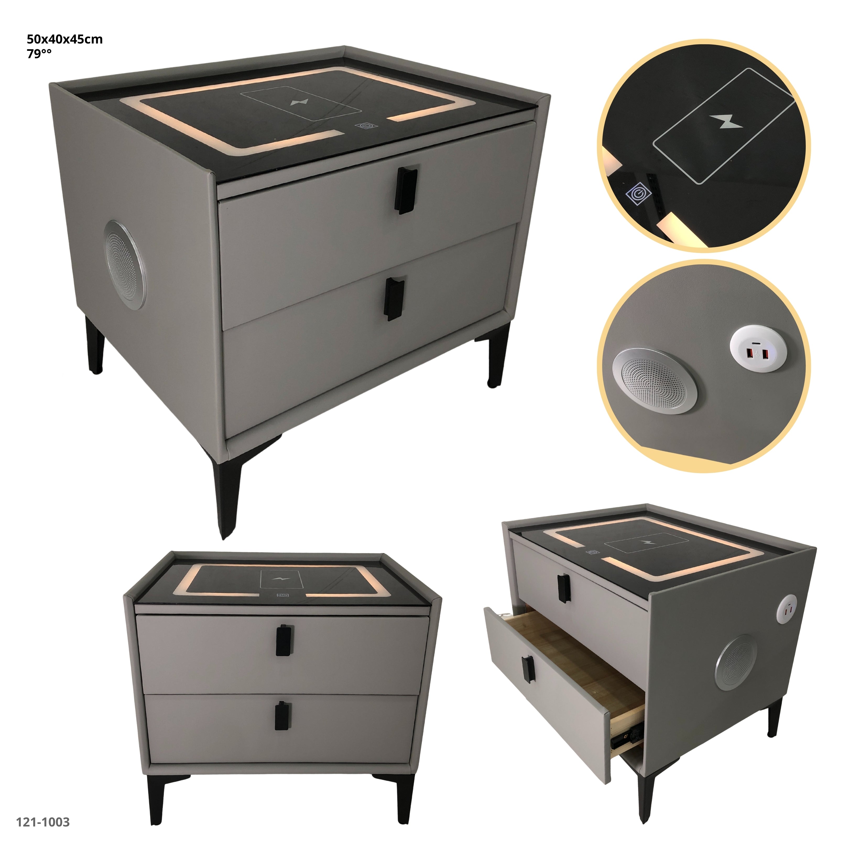 MESITA GRIS CLARO DE NOCHE CON BLUETOOTH+LUZ+CARGADOR 2 GAVETAS
