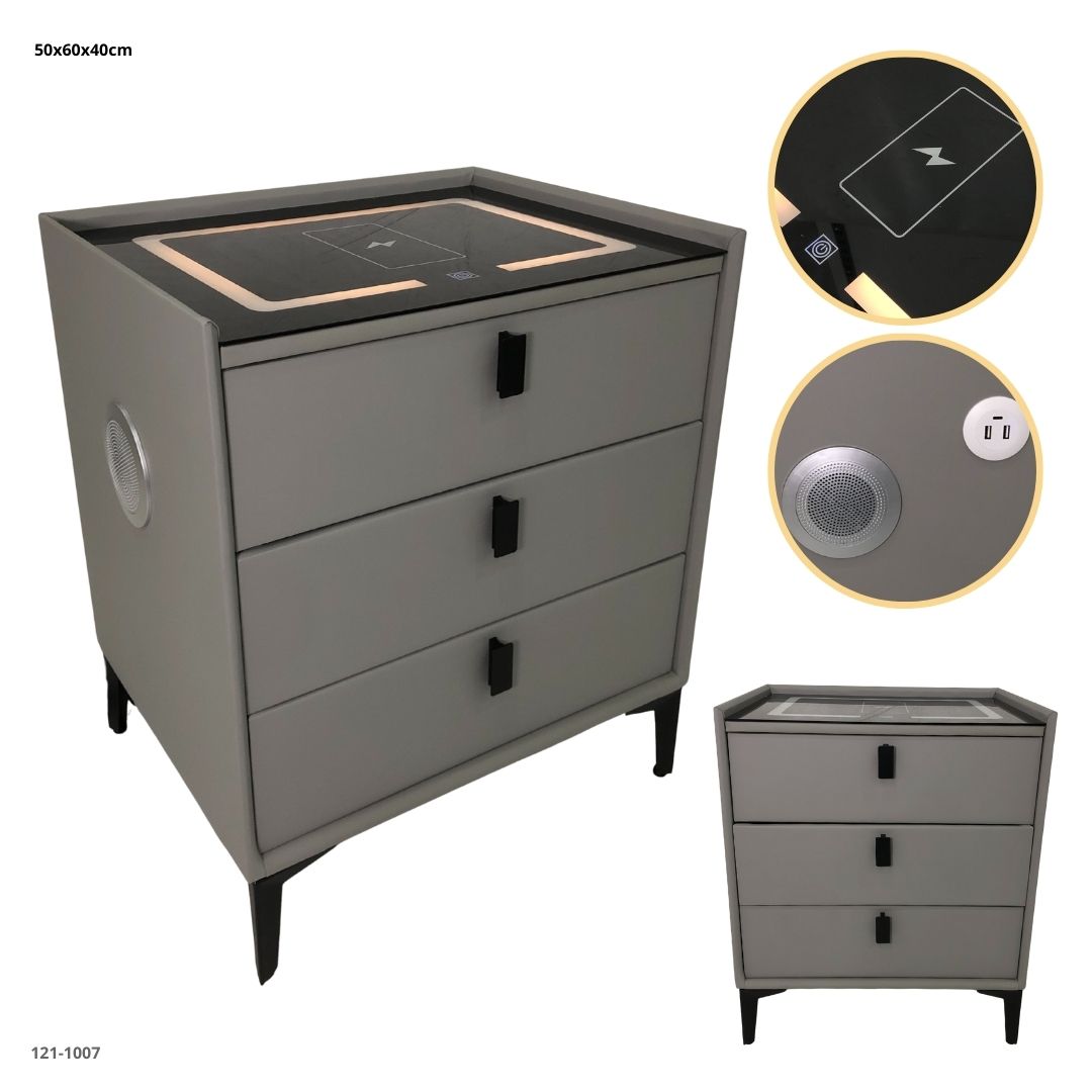 MESITA GRIS CLARO DE NOCHE CON BLUETOOTH+LUZ+CARGADOR 3 GAVETAS